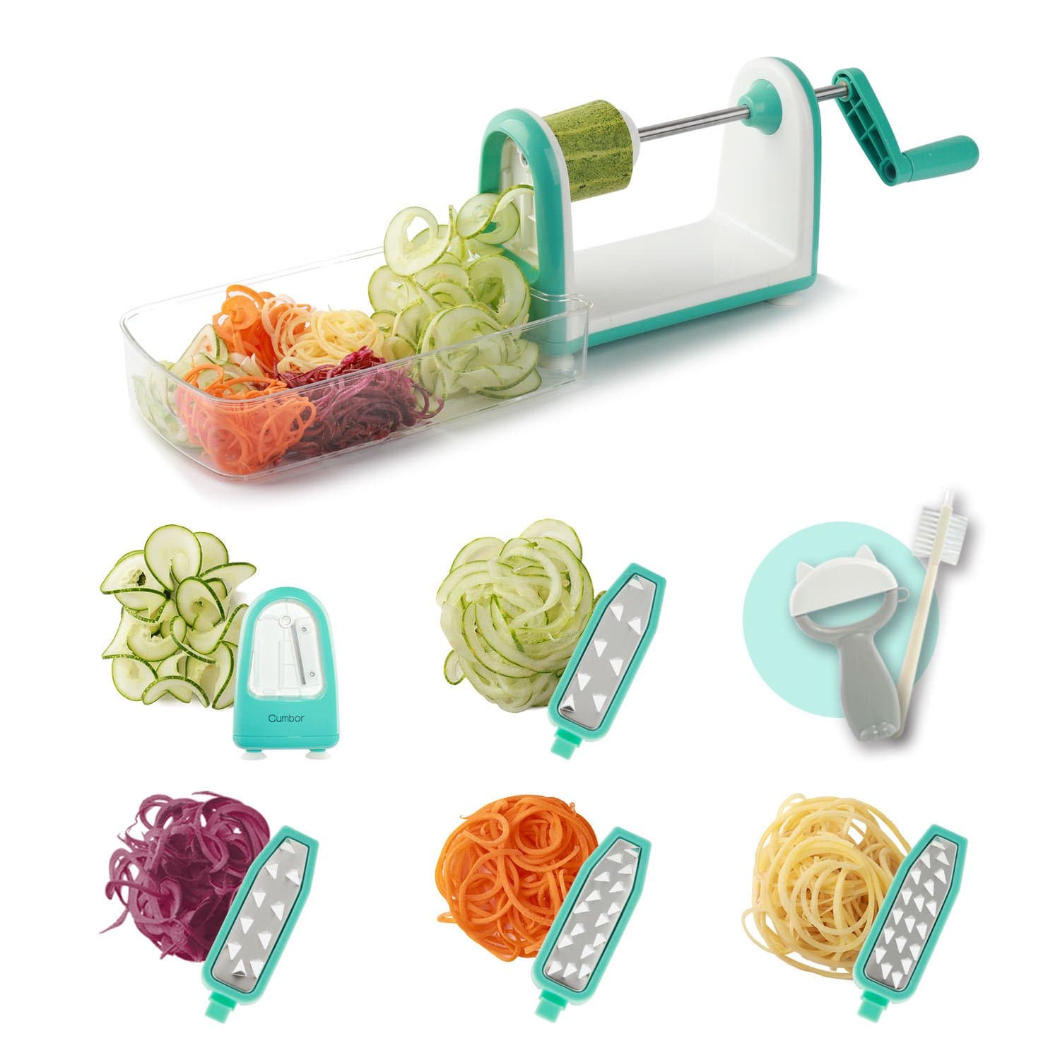 Spiralizer Vegetable Slicer, Cumbor 5 Blade Vegetable Spiralizer 6 into 1 Spiral Slicer with Cleaning Brush,Kitchen Peeler, Veggie Pasta Spaghetti Maker for Low Carb/Paleo/Gluten-Free Meals