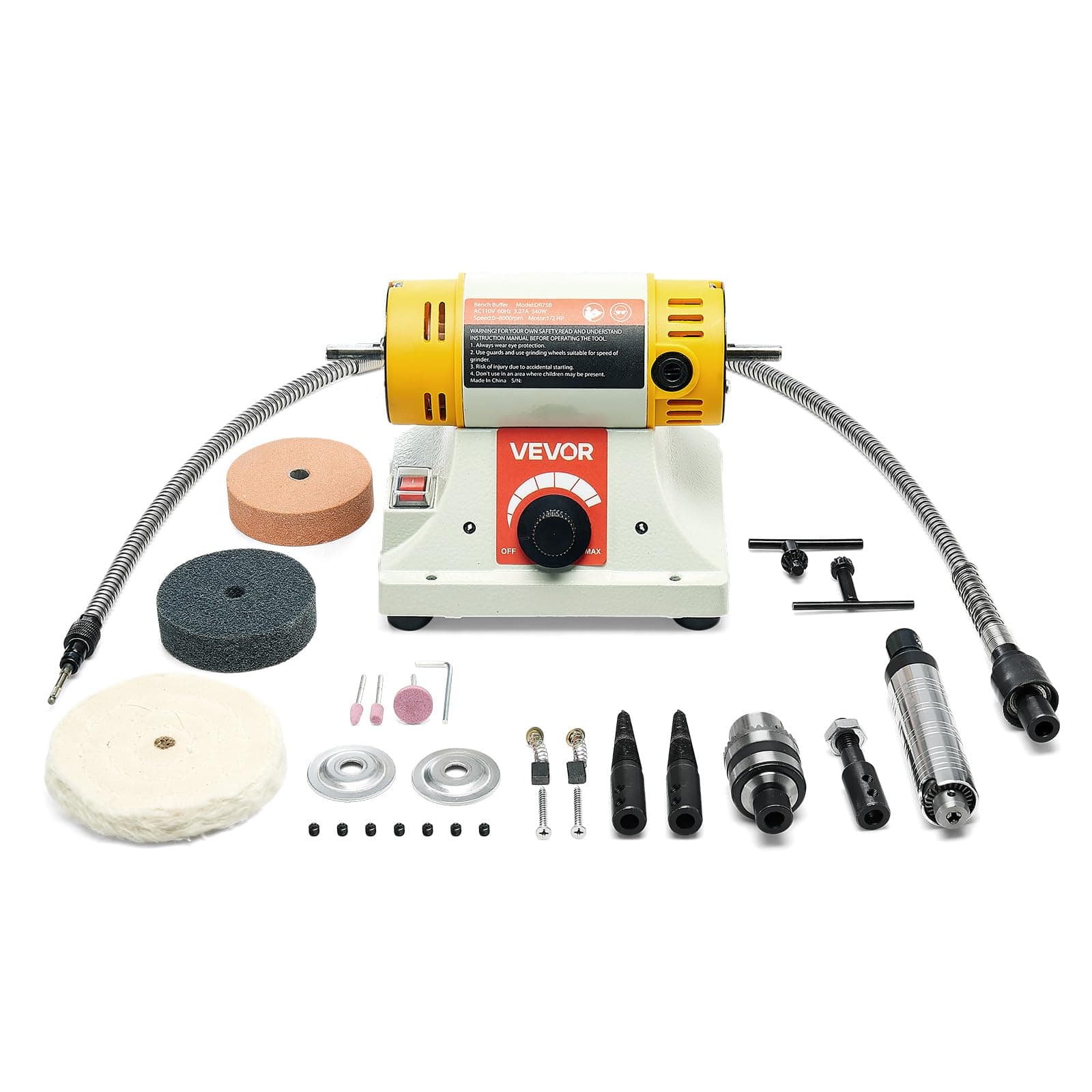 Bench Buffer Polisher, 1/2HP Polishing Buffing Machine, 0 to 8000RPM Benchtop Polisher Grinder with 4" Cloth Wheel, 3" Grinding Wheel & 3" Fiber Wheel for Metal, Jewelry, Wood and Plastic