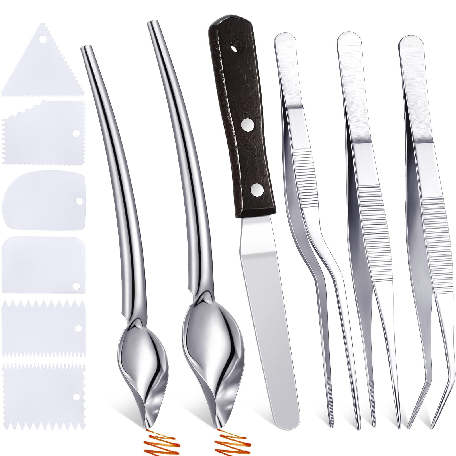 Patelai 12 Pcs Chef Plating Tools Plating Drizzle Spoons Cooking Tweezers Culinary Precision Stainless Steel Drawing Spoons Plastic Dough Scrapers Wood Icing Spatula for Chef Cake Candy Decorating