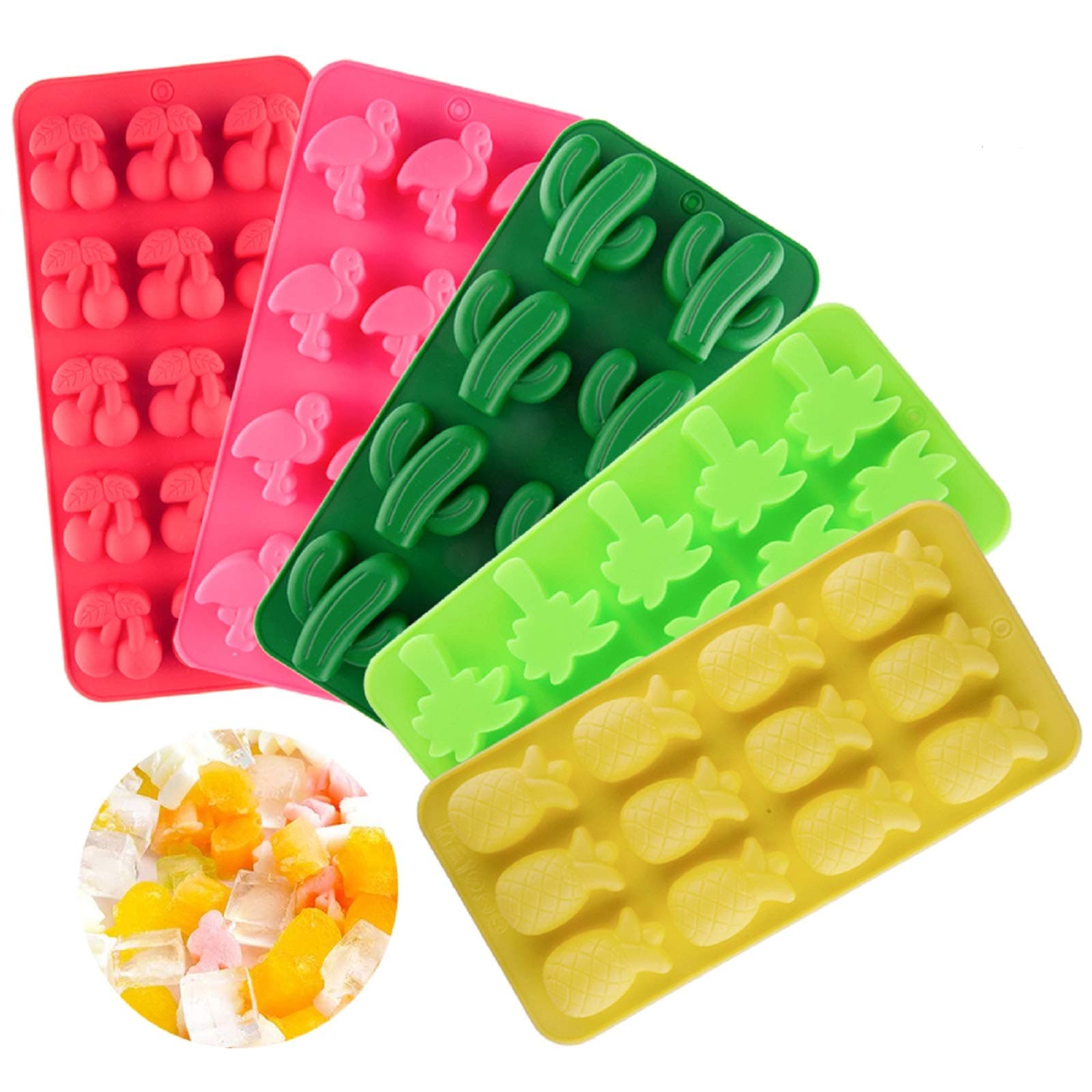 5Pack Wax Molds Silicone Candy Making Molds Chocolate Cake Pop Molds Ice-tray Including Cactus Flamingo Cherry Coconut Tree and Pineapple
