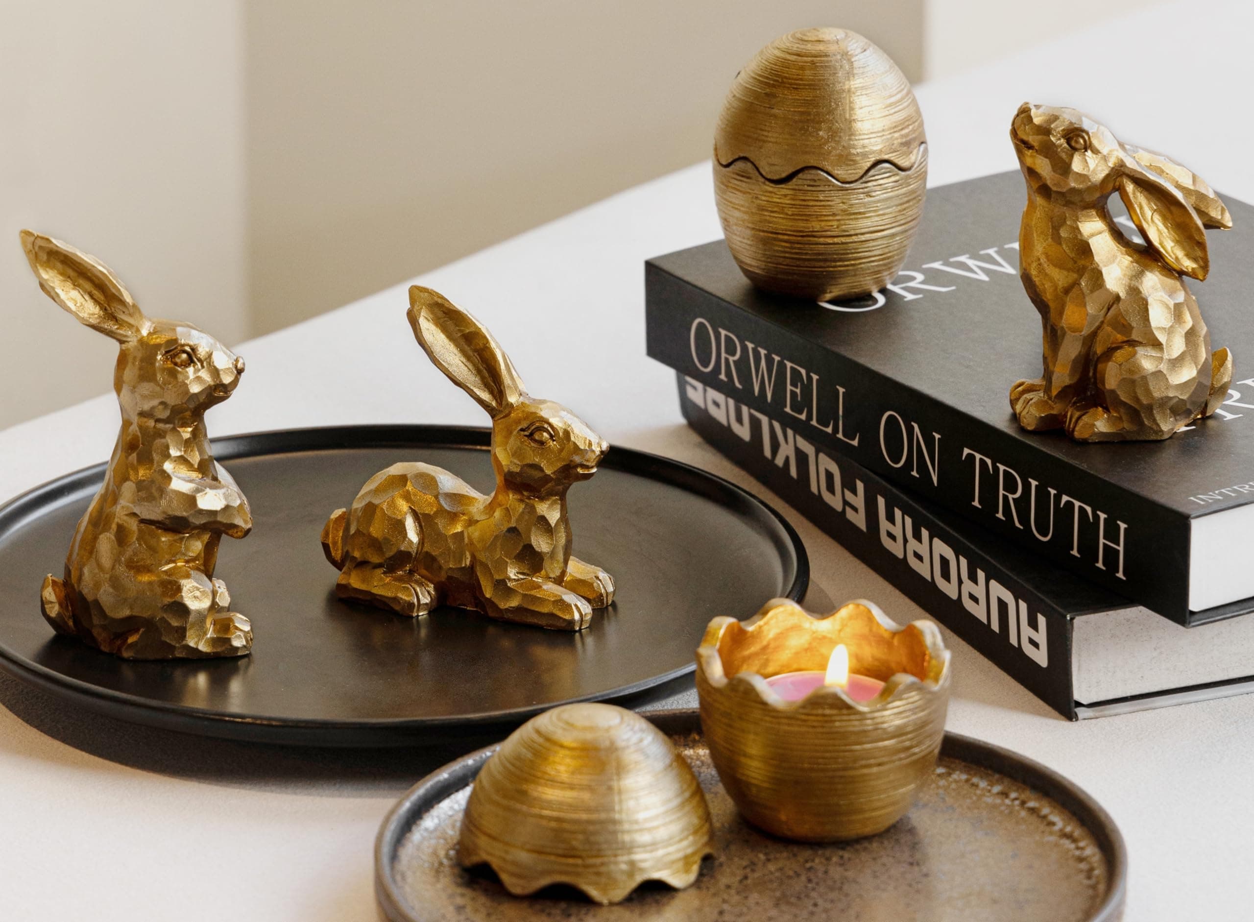 Easter Decorations for Home-3pcs Gold Bunny Figurines & 2pcs Easter Eggs & 2pcs Tealights, Brass Rabbit Decor for Spring Home Decor, Vintage Resin Bunnies for Table Centerpieces Mantel Decorations