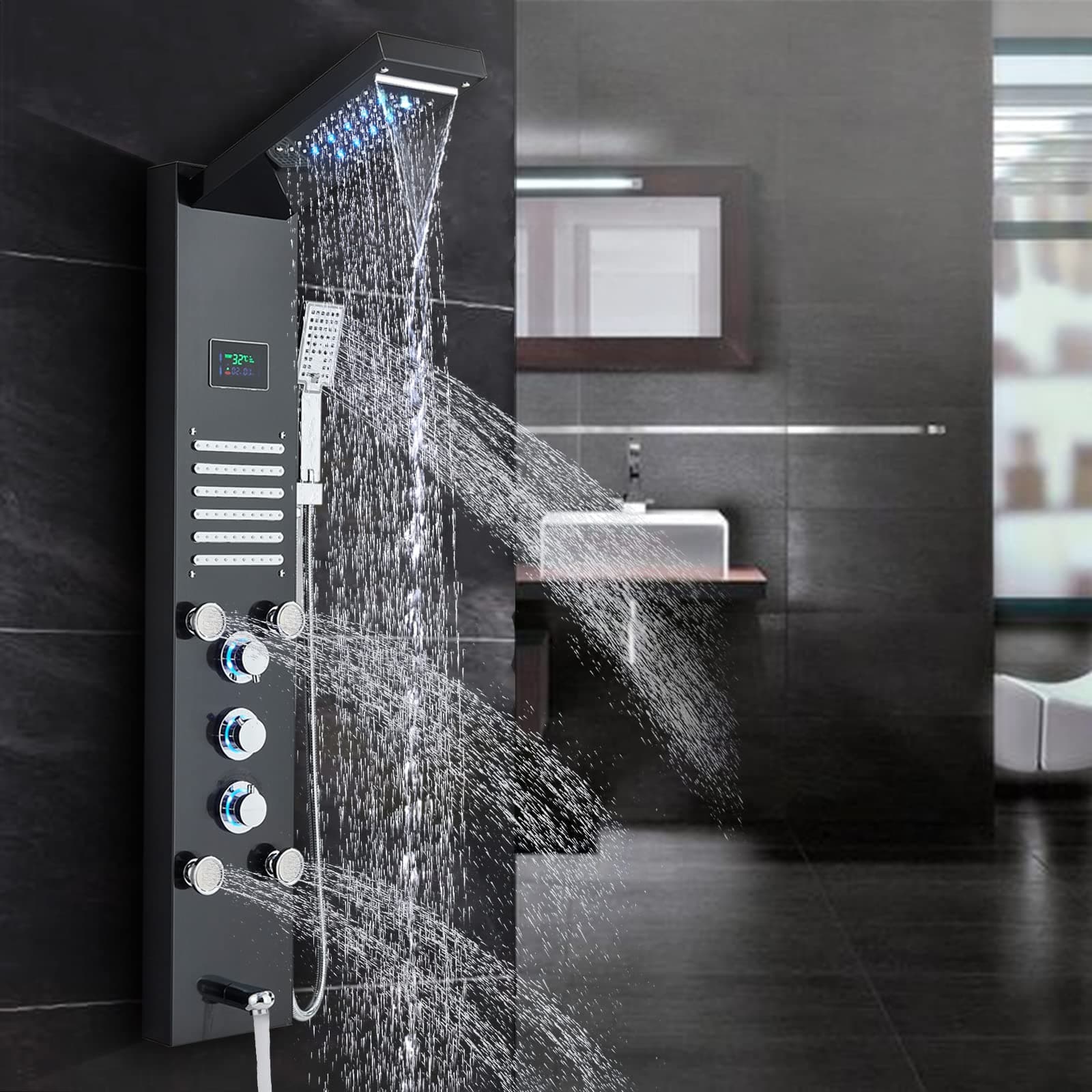 FUZMONOERE FUZ LED Shower Panel Tower System,6-Function Shower Panel System LED Knob Hydroelectricity Display with Rain Massage Body Jets,Brushed Black