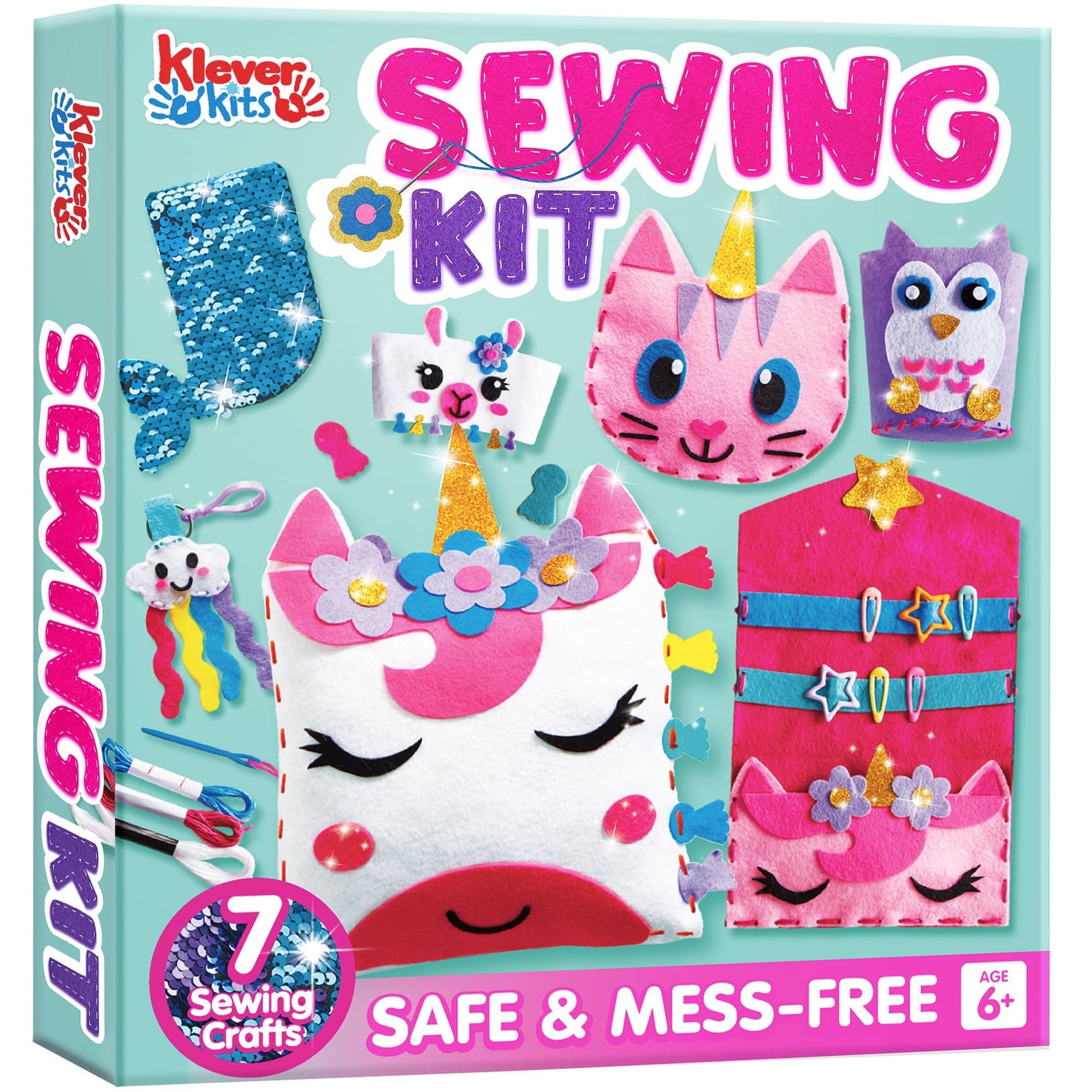 Klever Kits 7 Sewing Projects- My First Felt Sewing Kit- Easy DIY Wildlife Artworks of Unicorn Pillow and Mermaid Card Holder, Christmas Easter gifts for kids, crafts for kids 4 5 6 7 8