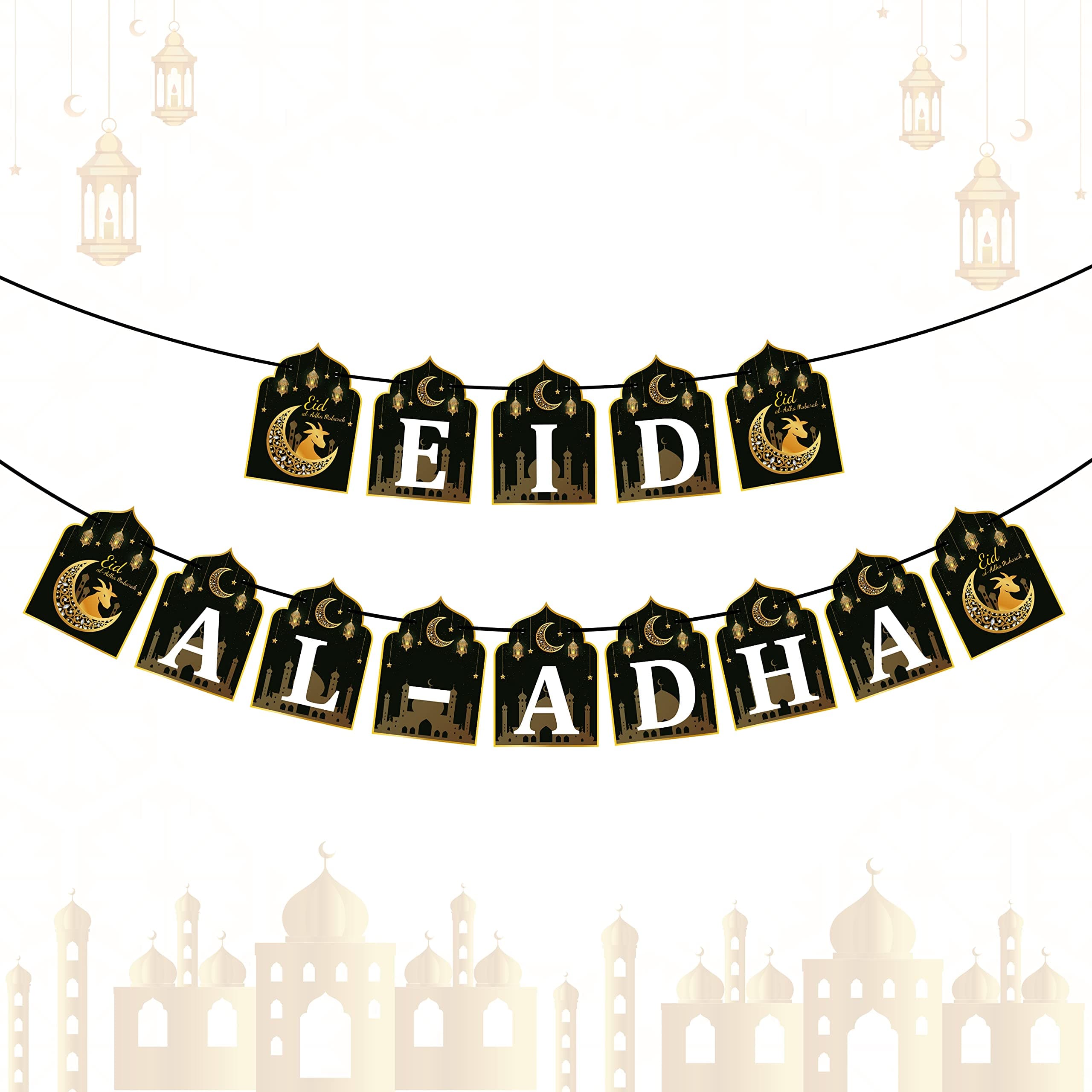 WATINC 2pcs Eid Al Adha Banner Mubarak Decorations, Eid Al-Adha Ramadan Hanging Banners Decor, No DIY Needed Mosque Sheep Remembrance Party Hang Banner Supplies for Home Tree Fireplace Wall (10 Feet)