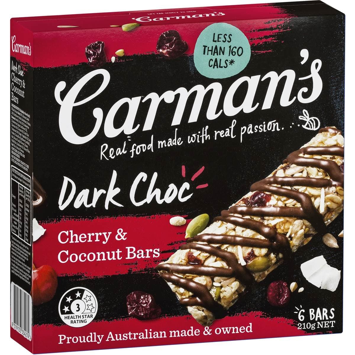 Carman's Dark Choc Cherry & Coconut Bars, 6 Bars per Pack, Gluten Free