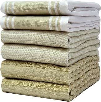 Premium Kitchen Towels (20”x 28”, 6 Pack) | Large Cotton Dish Towels | Flat & Terry Highly Absorbent Kitchen Linen Set with Hanging Loop | Wide Stripe Sage Green