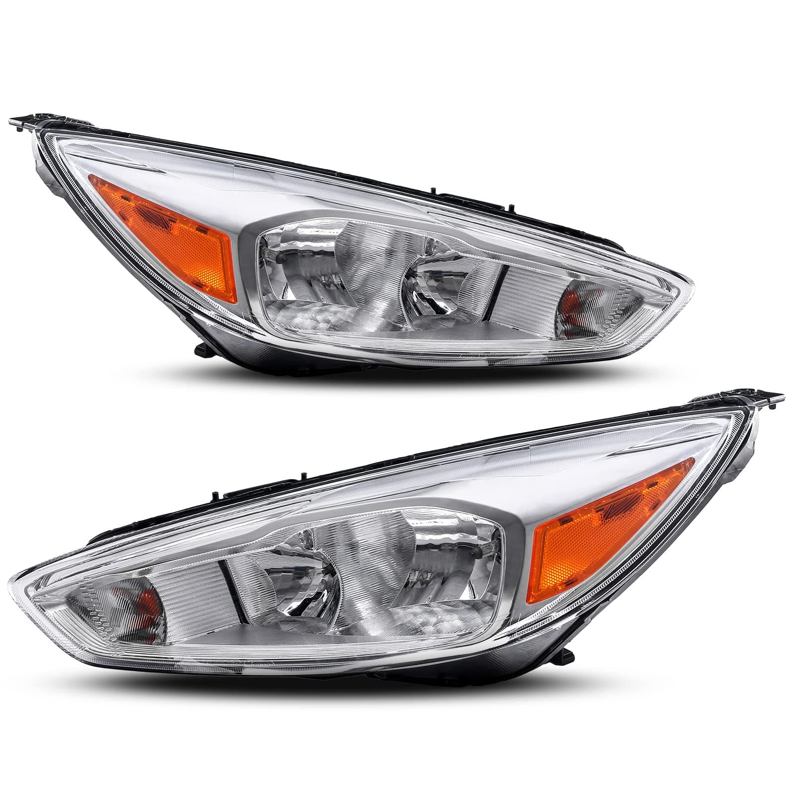 APSVE OE Style Headlight Headlamp Compatible with 2015 2016 2017 2018 Ford Focus 3rd Gen Chrome Housing Trim (Halogen Type)