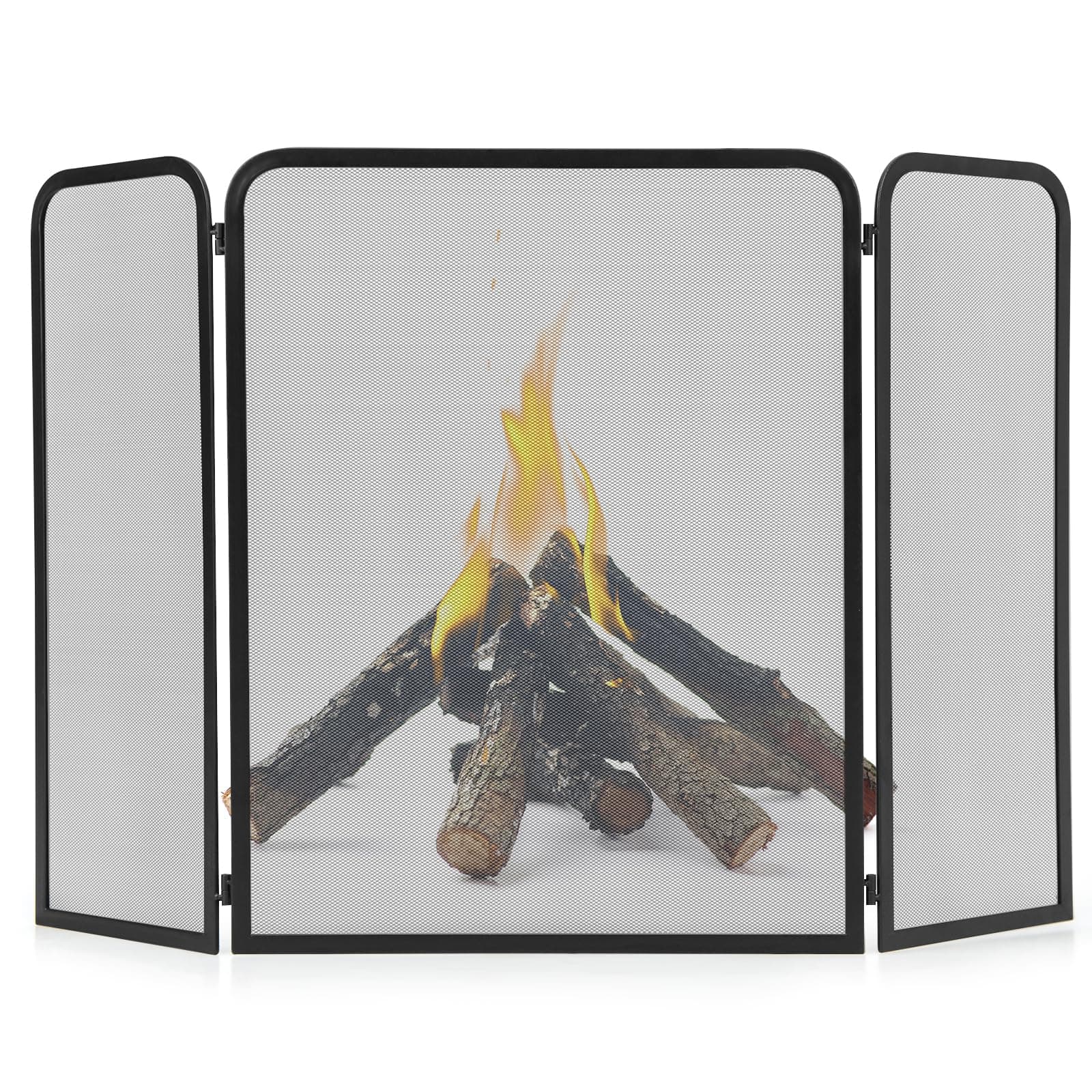 COSTWAY 3 Panel Folding Fire Guard, 96cm x 61cm Fireplace Screen Fence with Flexible Hinges, Wrought Iron Mesh Spark Fire Panels for Wood and Coal Firing, Stoves, Grills