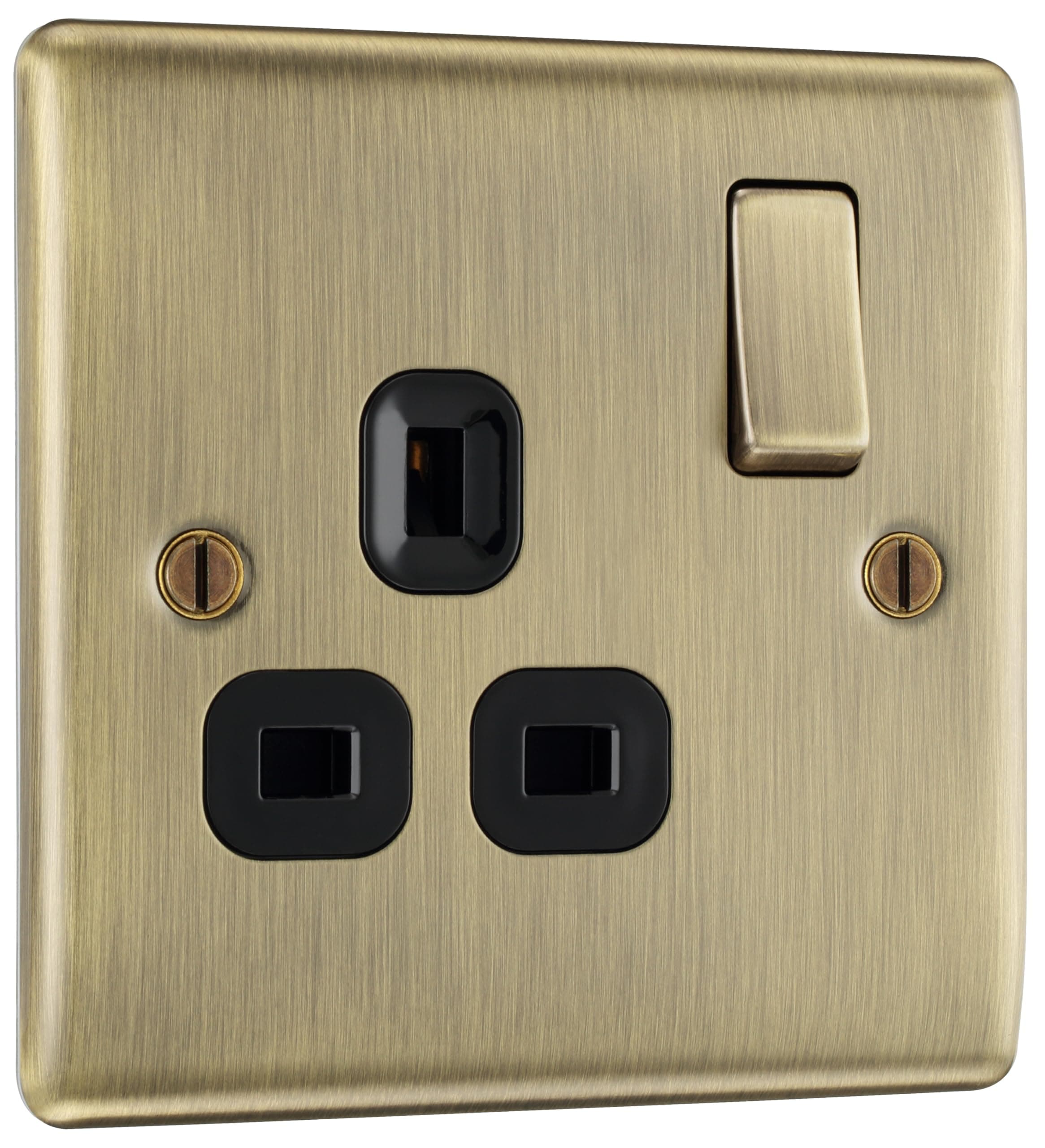 British General BG Electrical Single Switched Power Socket with Black Inserts, Antique Brass, 13 Amp