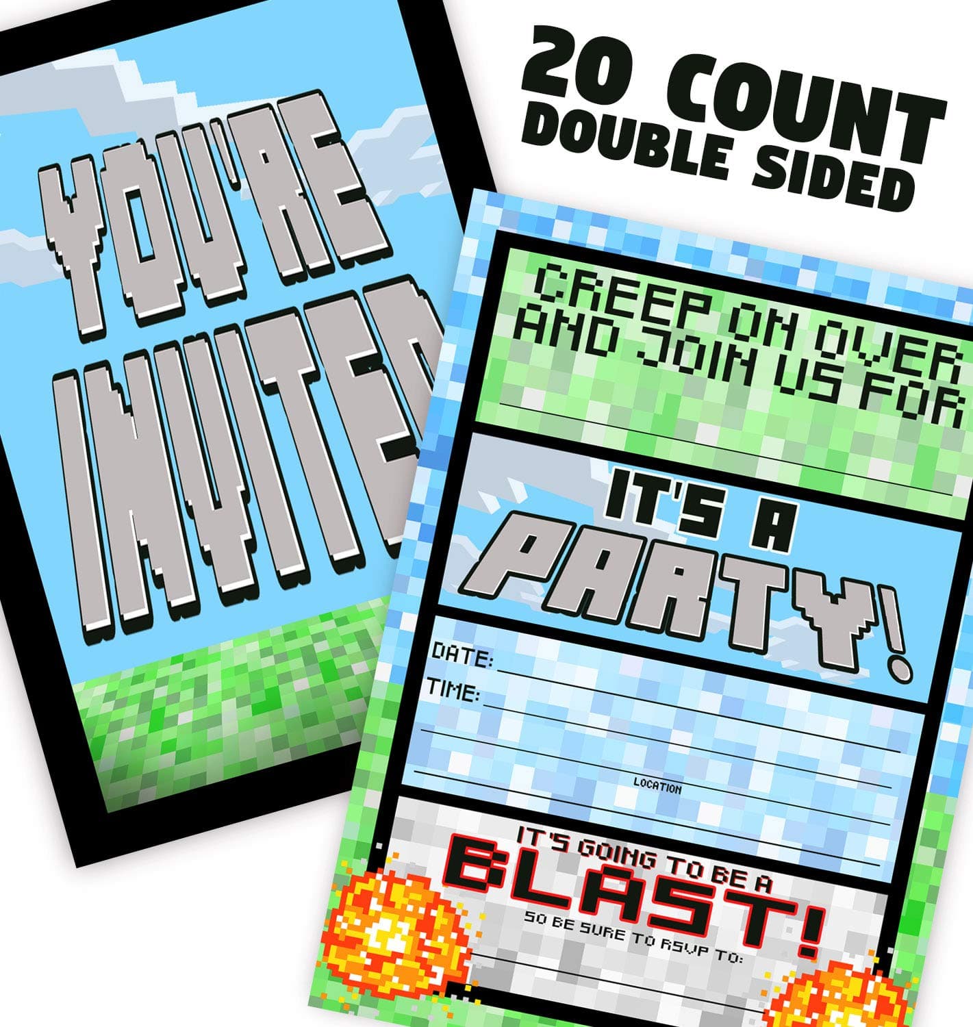 Pixel Party Invitations - 20 Invitations + 20 Envelopes - DOUBLE SIDED - Video Game Invitations - Game Truck Party Supplies - Brights 20ct