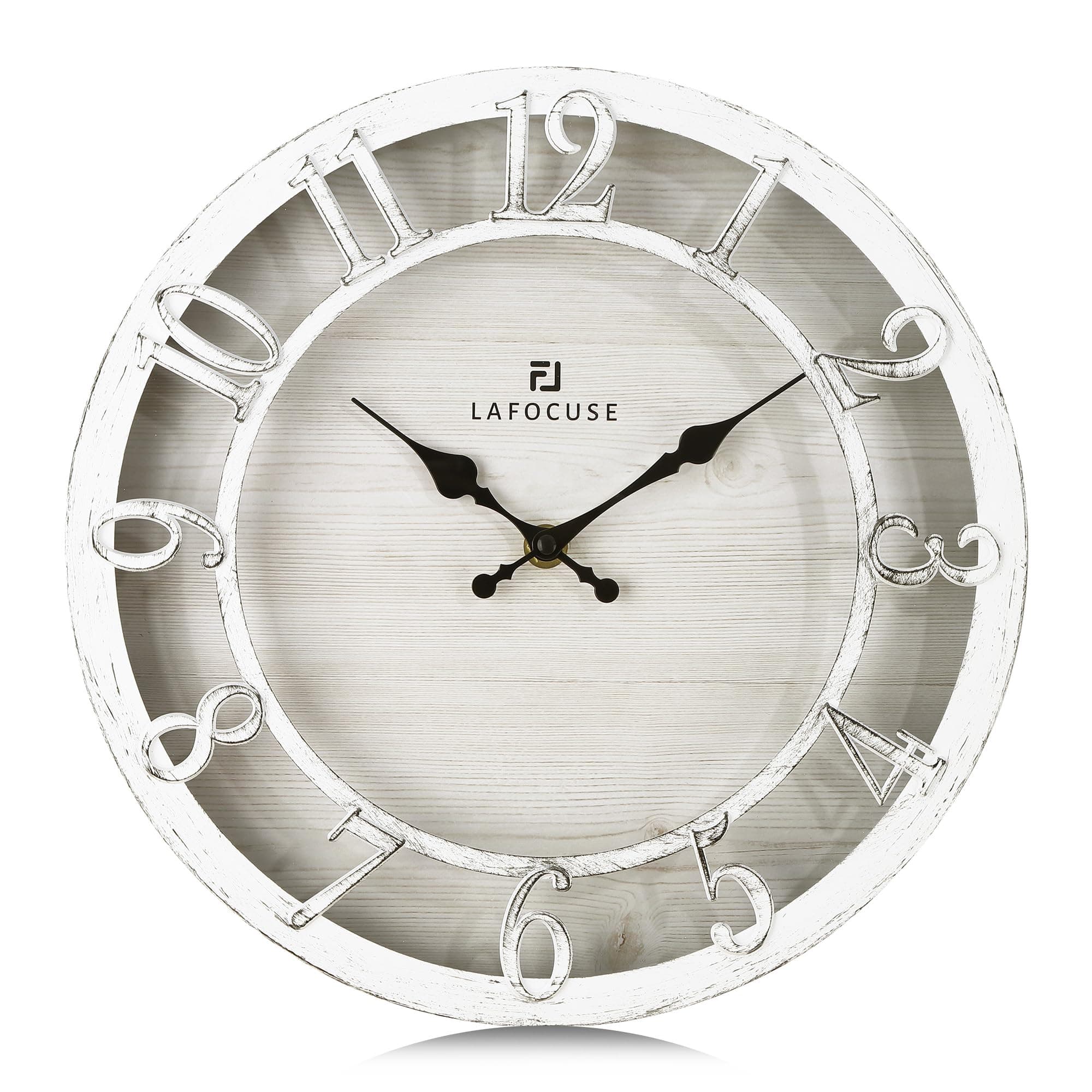 Lafocuse 12 Inch Rustic White Wall Clock Silent Non Ticking, Farmhouse Kitchen Clocks Battery Operated, Vintage Clock with 3D Easy to Read Numerals for Living Room Bedroom