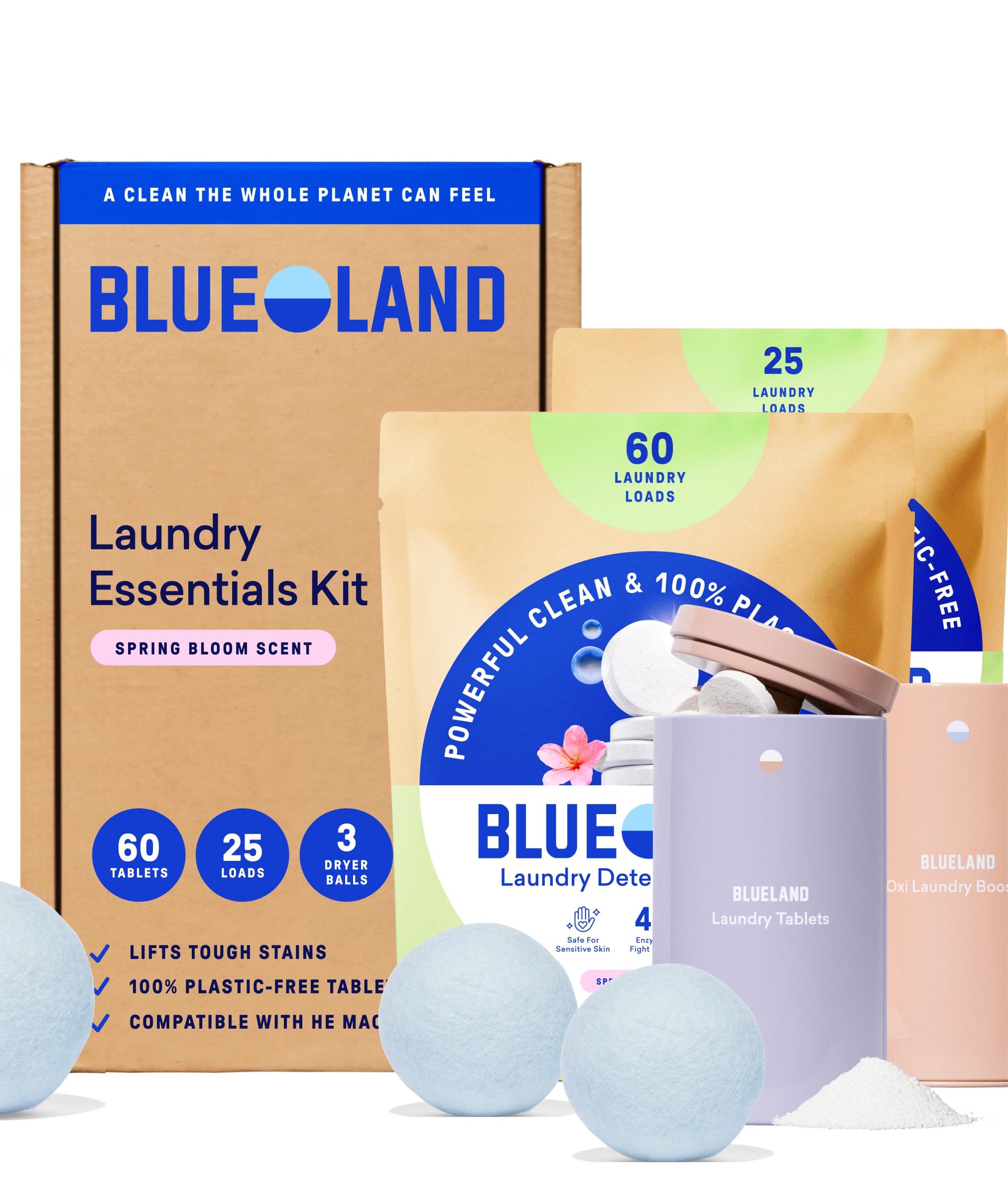BLUELAND Laundry Essentials Kit, Spring Bloom - Plastic-Free Laundry Detergent Tablets, Oxi Booster, and Reuseable Natural Wool Dryer Balls