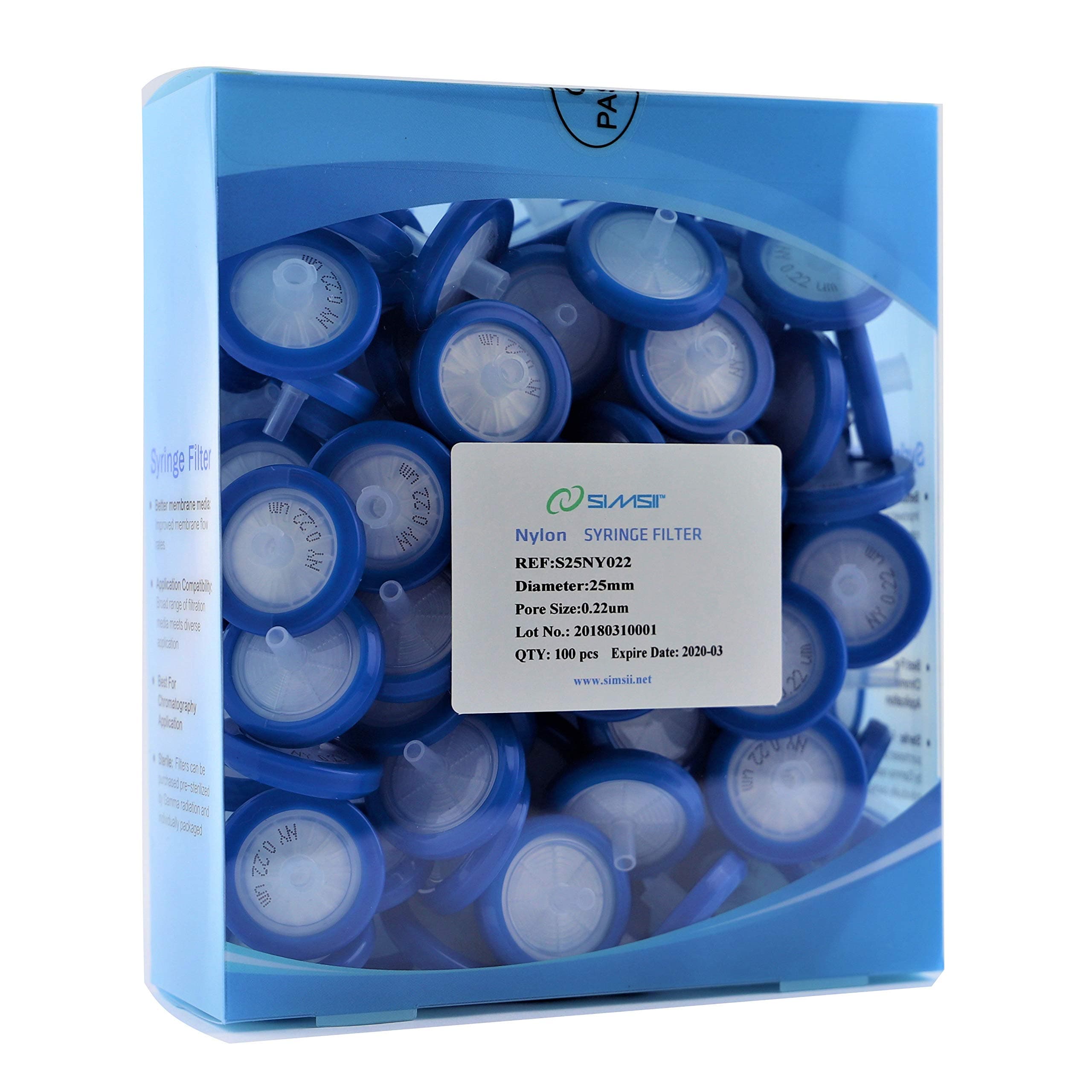 Syringe Filter, Nylon Membrane, Non Sterile Lab Disc, Diameter 25mm, Micron Pore Size 0.22 Micron,Disc Shape Blue Corded,PP Housing,Luer Lock,100 of Pack,