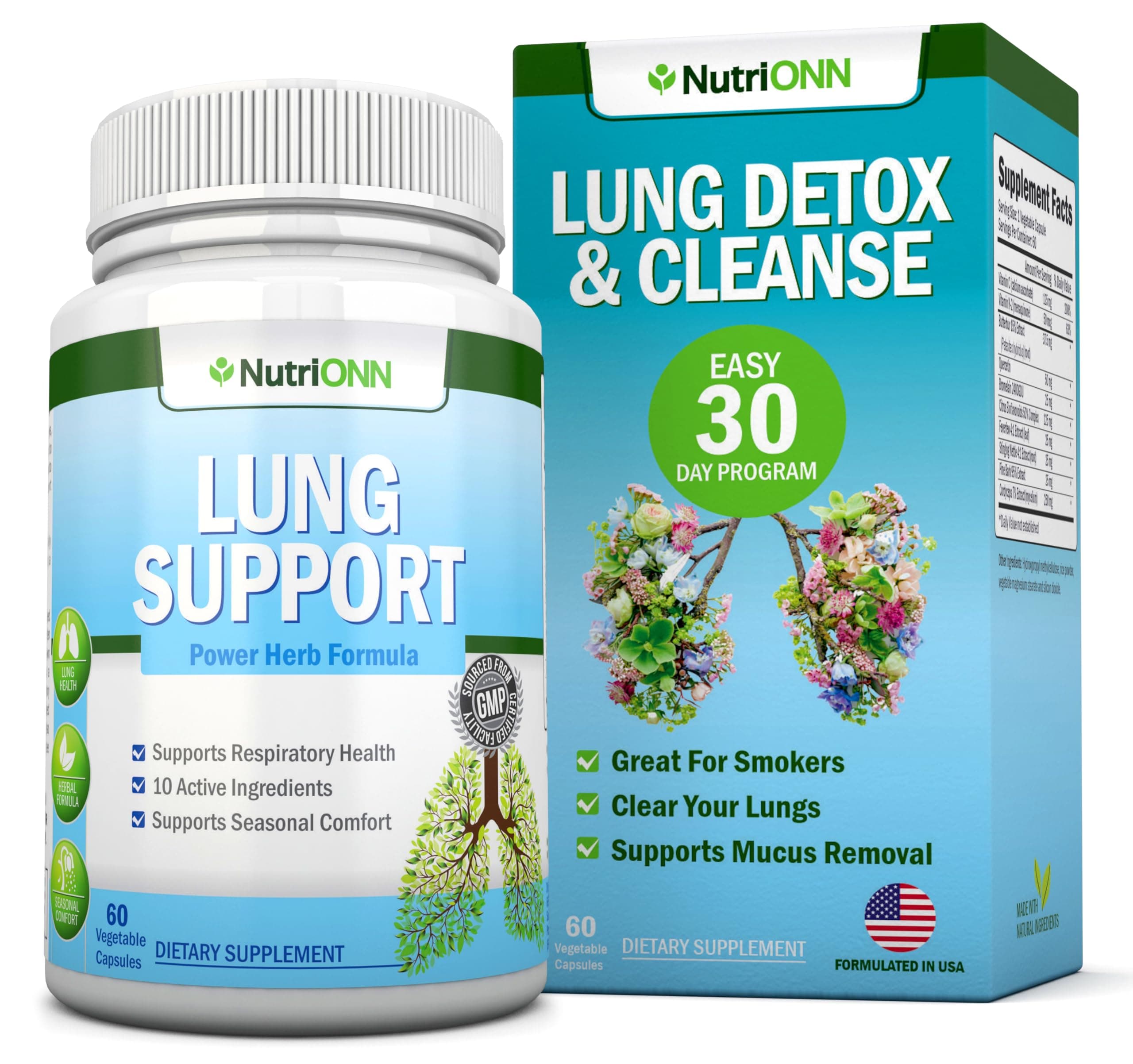 NutriONN Lung Cleanse - Powerful Lung Detox Program - 100% Vegetable Based - Great for Smokers - Supports Respiratory Health - Helps Reduce The Production of Mucus - Promotes Comfortable Breathing