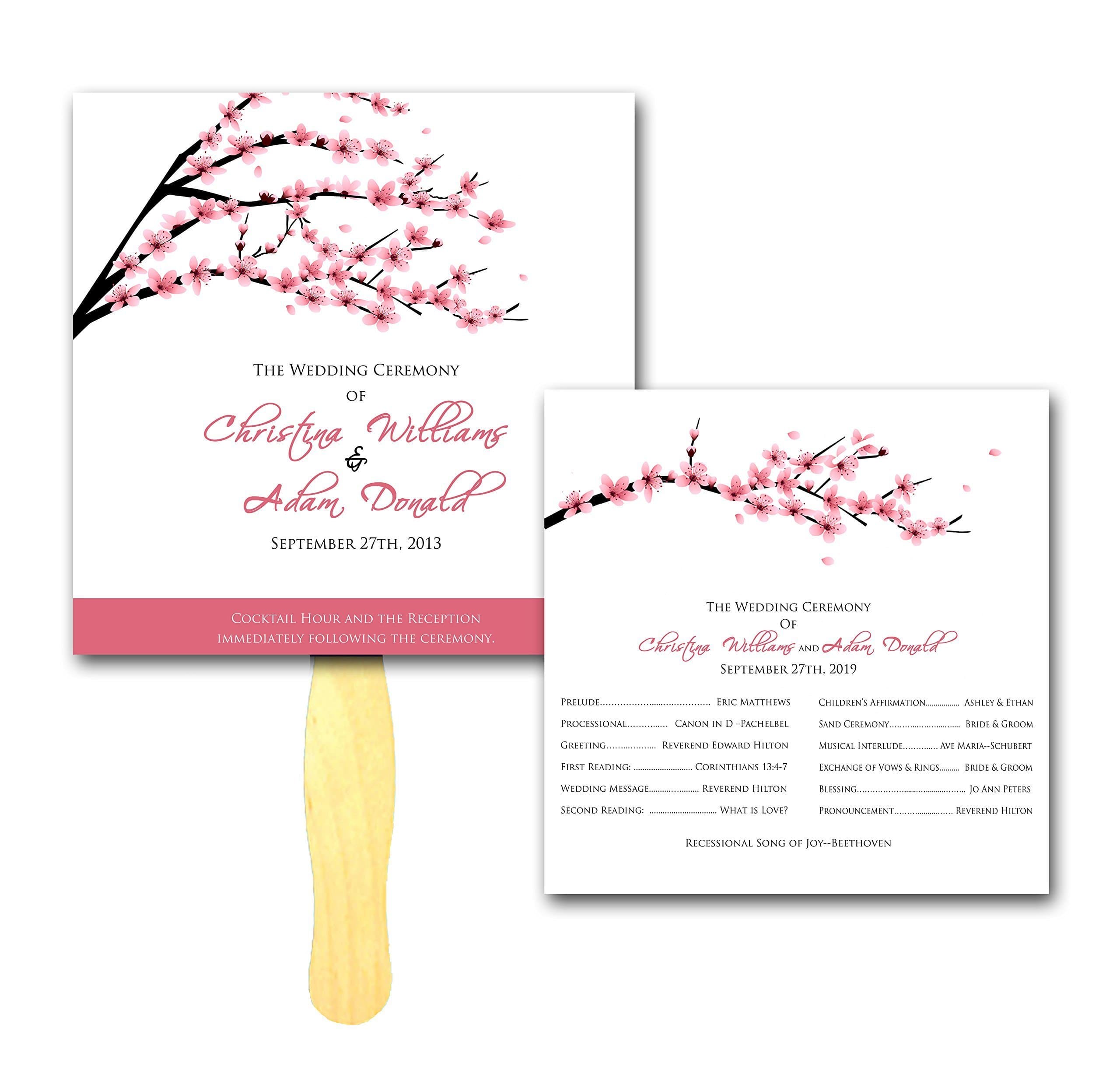 Square Cherry Blossom Program Wedding Wooden Handle Hand Fans - Set of 20-6.75" x 6.75" inches - Double sided Custom Print