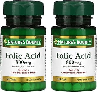 Nature's Bounty Folic Acid 800 mcg Vitamin Supplement Maximum Strength - 250 Tablets, Pack of 2