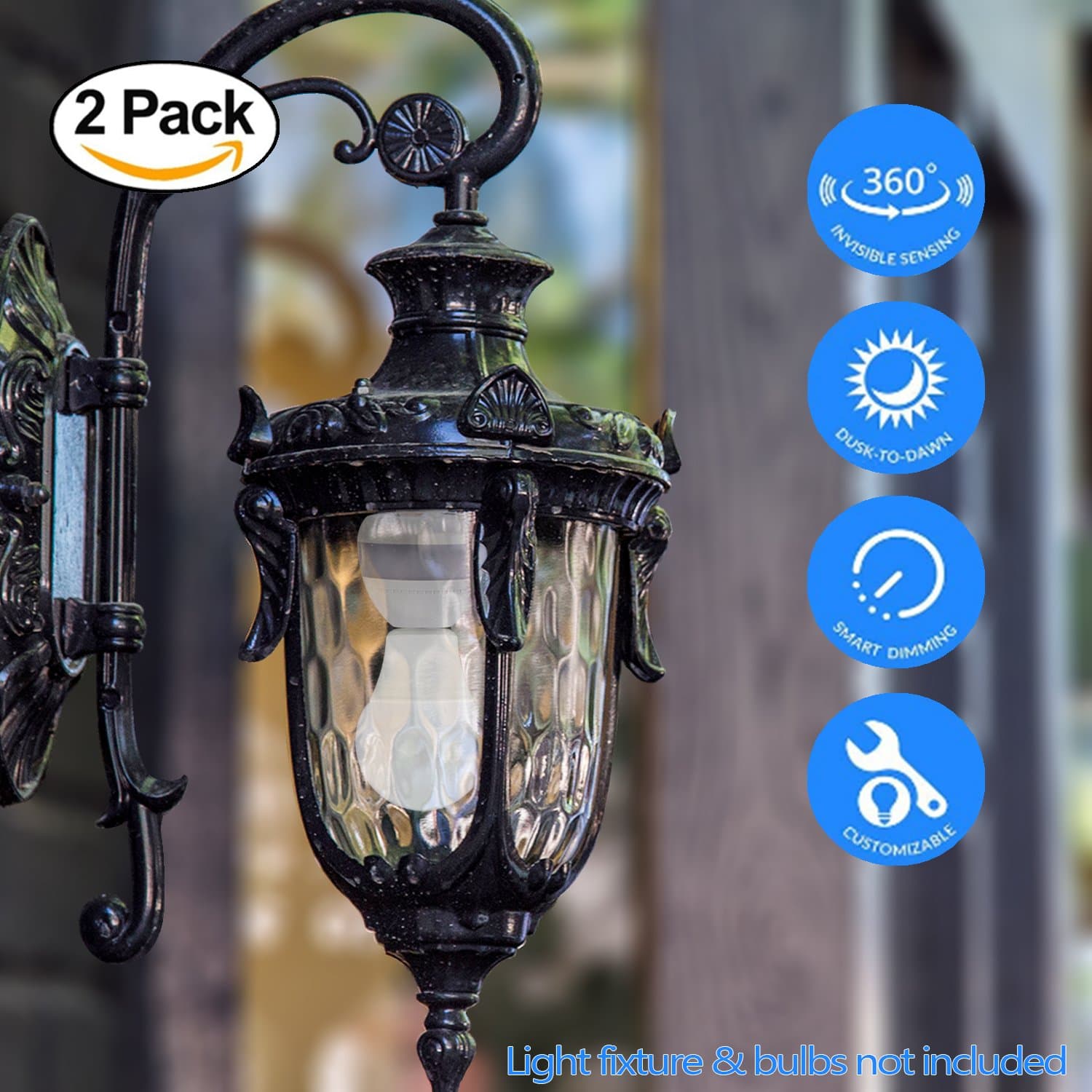 eSenlite Radar Motion Sensor Activated Retrofit Light Sockets Compatible LED CFL Incandescent Bulb Outdoor Light Fixture Indoor Table Floor Decoration Lamp Fixed Base Dusk to Dawn Dimmable Pathway 2PC