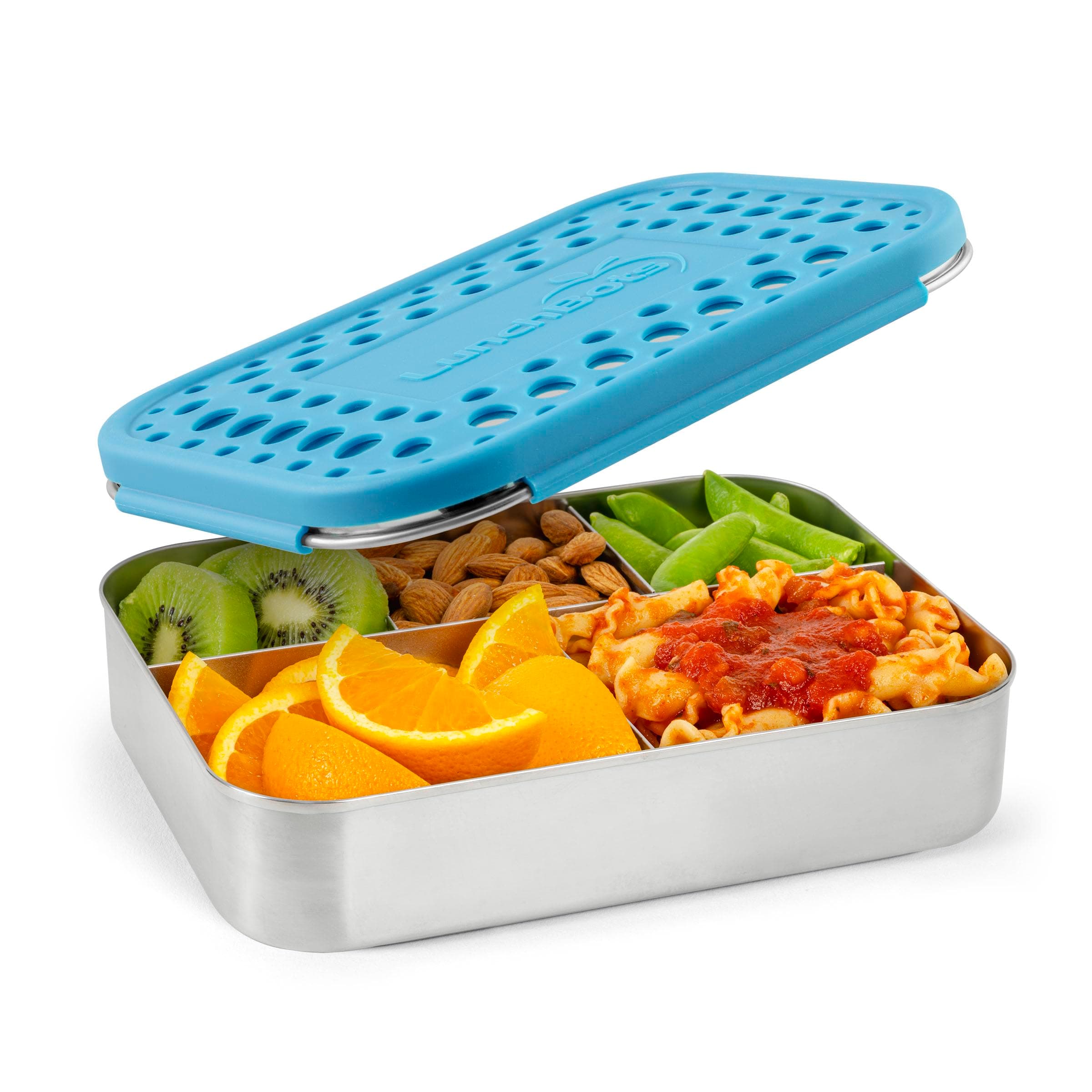 LunchBots Large Cinco Stainless Steel Lunch Container - Five Section Design Holds a Variety of Foods - Metal Bento Box - Dishwasher Safe - Stainless Lid - Aqua Dots