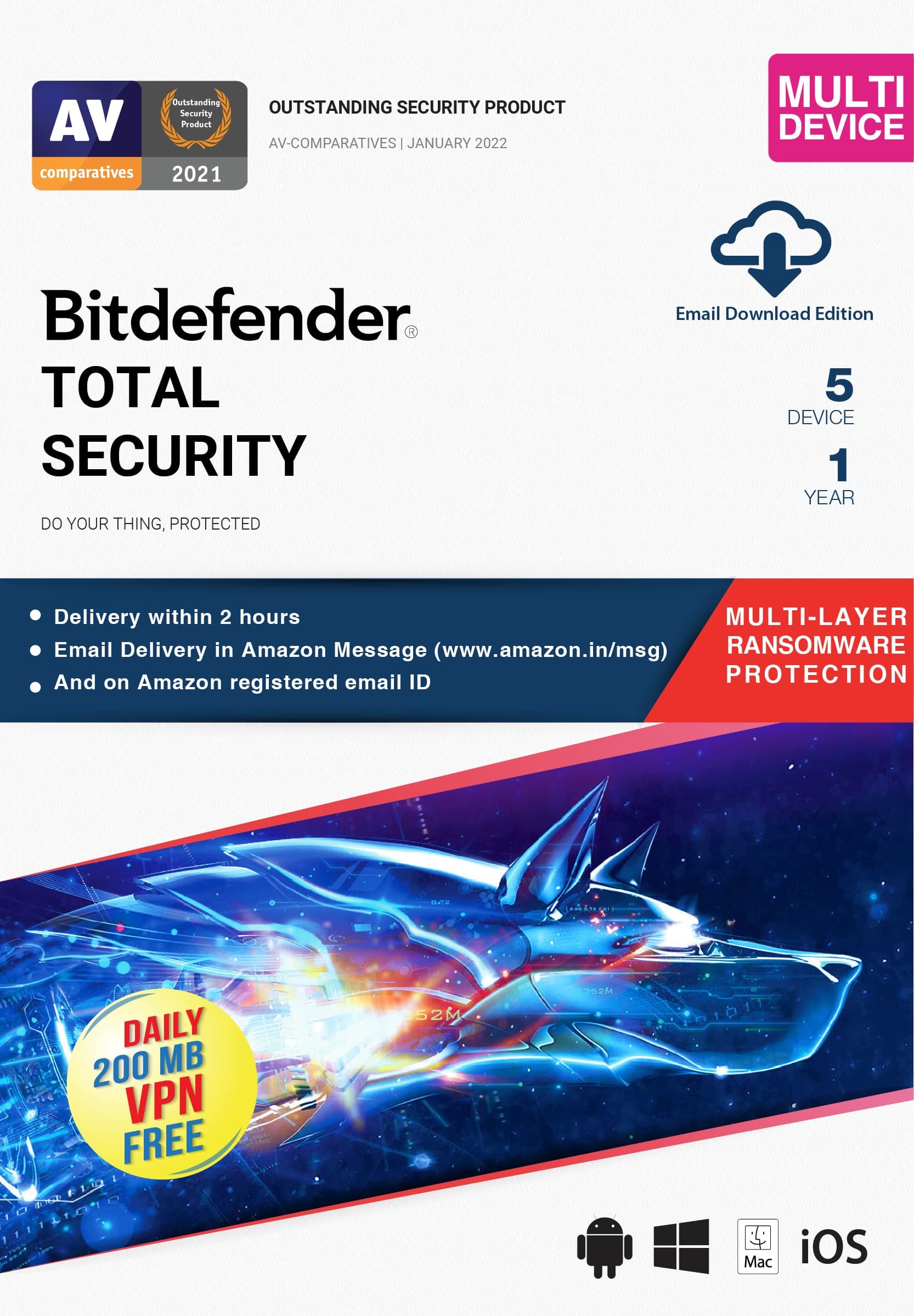 Bitdefender - 5 Devices,1 Year - Total Security | Windows| Mac| Android|iOS | Latest Version | (Single Activation Code) Email Delivery in 2 Hours- No CD |