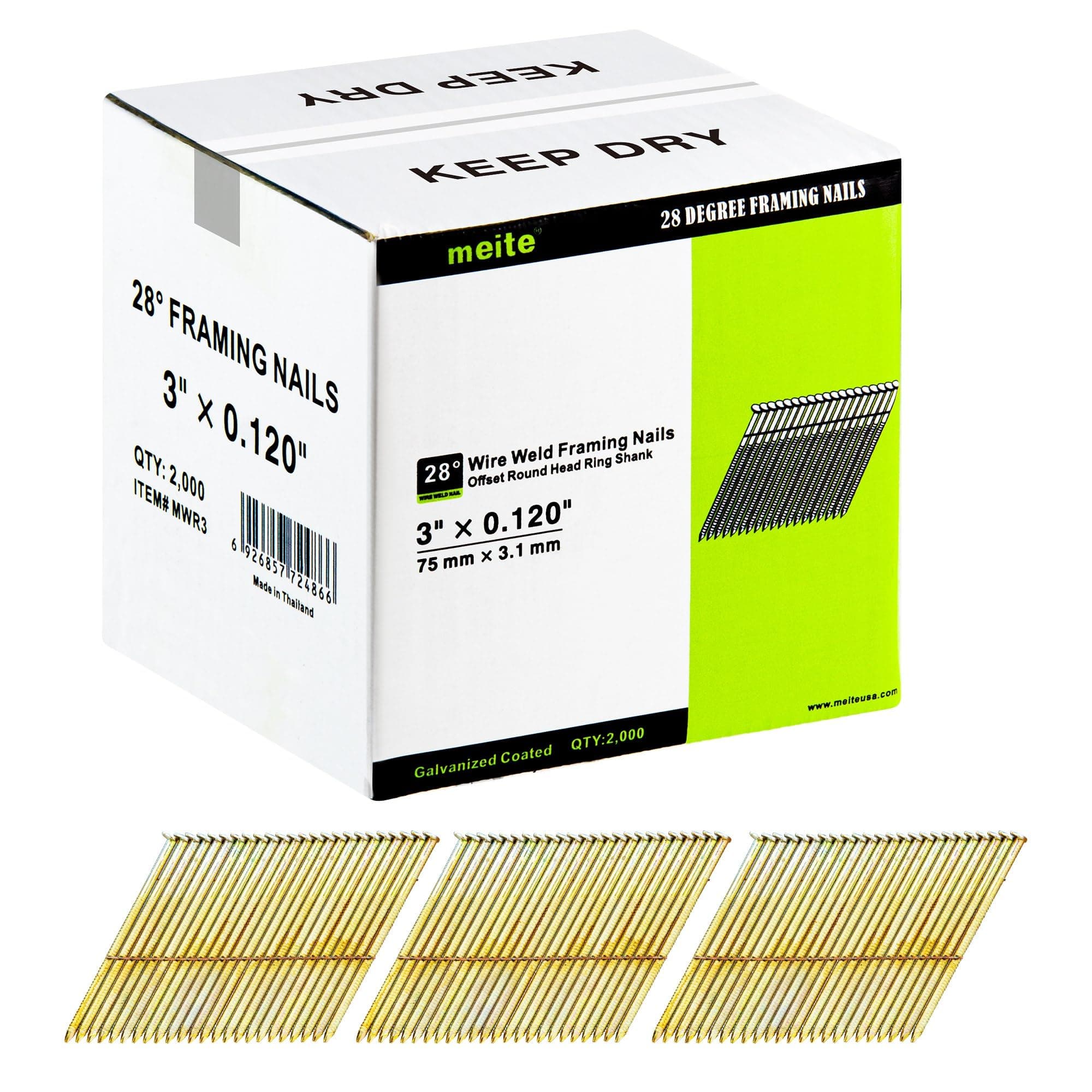 meite 28 Degree Framing Nails, Offset Round Head 3-Inch × .120-Inch Ring Shank Framing Nails Galvanized Finish Wire Weld for Framing Nailer Gun (2,000 PCS)