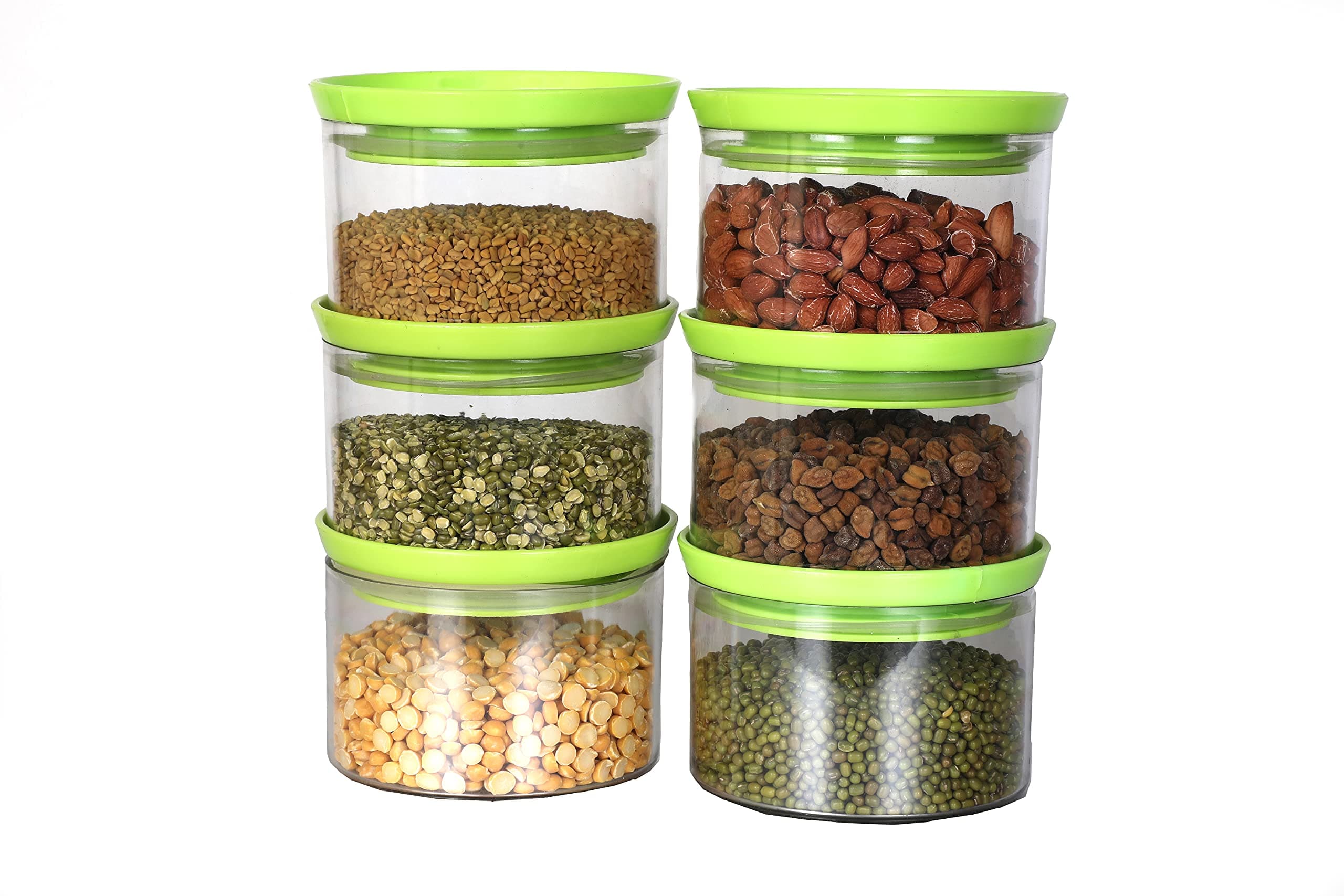 TRIVESH Air Tight Kitchen Storage Container for Rice | Dal | Atta, BPA-Free, Flour | Cereals | Snacks | Stackable | Masala Containers For Modular Kitchen, Round, 300 Ml Set 6 (Green)