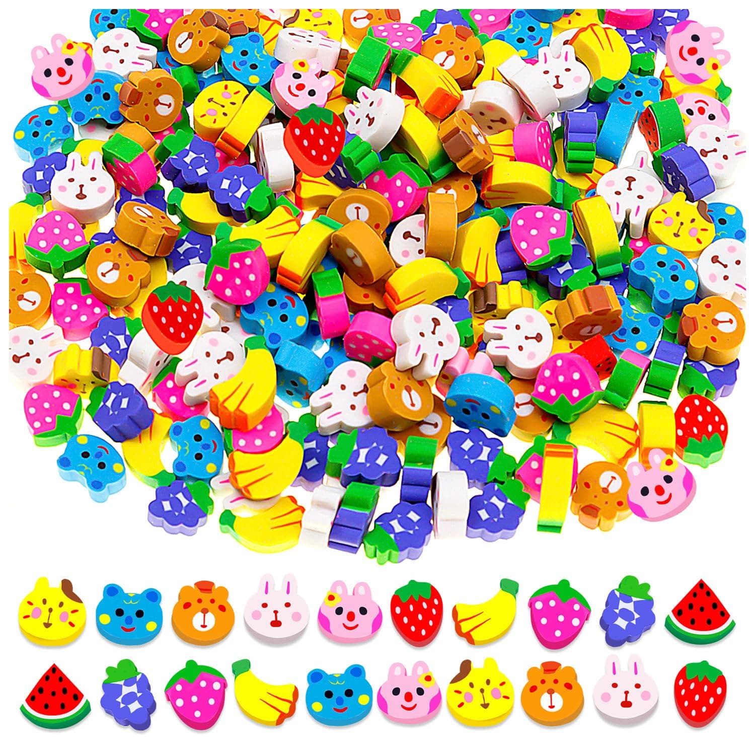 Mini Erasers for Kids Bulk, 3D Cute Erasers, Small Erasers, Safe Non-Toxic Novelty Erasers, Various Fruit Animal Shapes, Desk Pets for Classroon Rewards, Party Favors, Gift Filling, 120Pcs