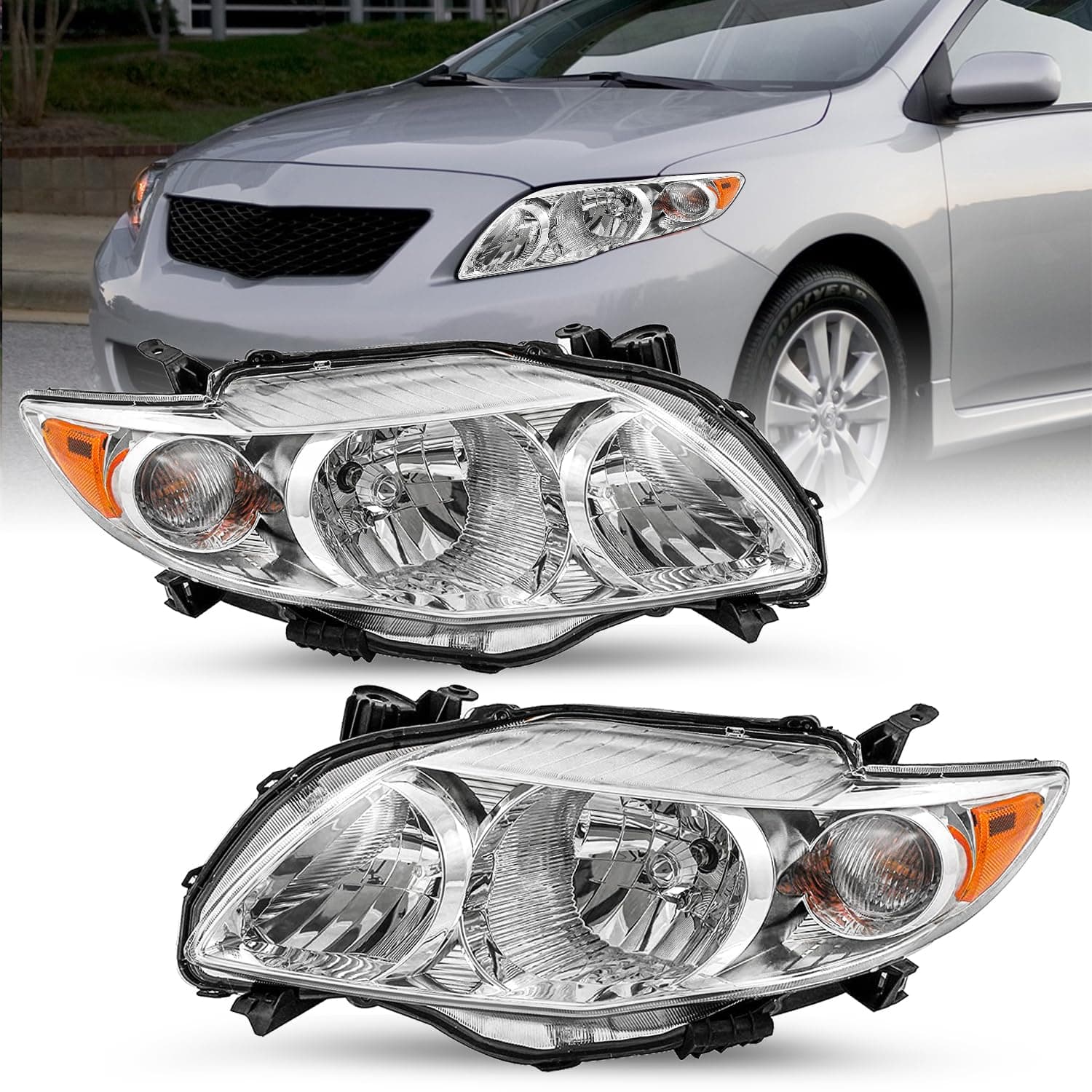 Headlight Assembly Set for 2009/2010 Toyota Corolla Base/CE/LE/XLE Driver and Passenger side, Not compatible with XRS/S Models