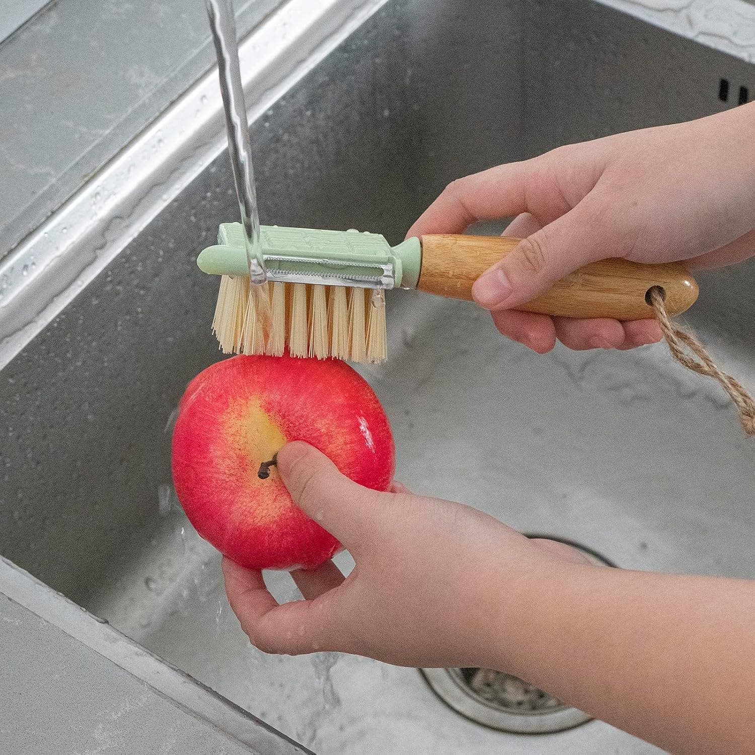 MAPPLE CREATION 3-in-1 Multifunctional Kitchen Brush with Stainless Steel Peeler - Wood Fruit & Vegetable Cleaner with Grater and Hanging Scrub Brush for Home Cooking and Professional Chefs