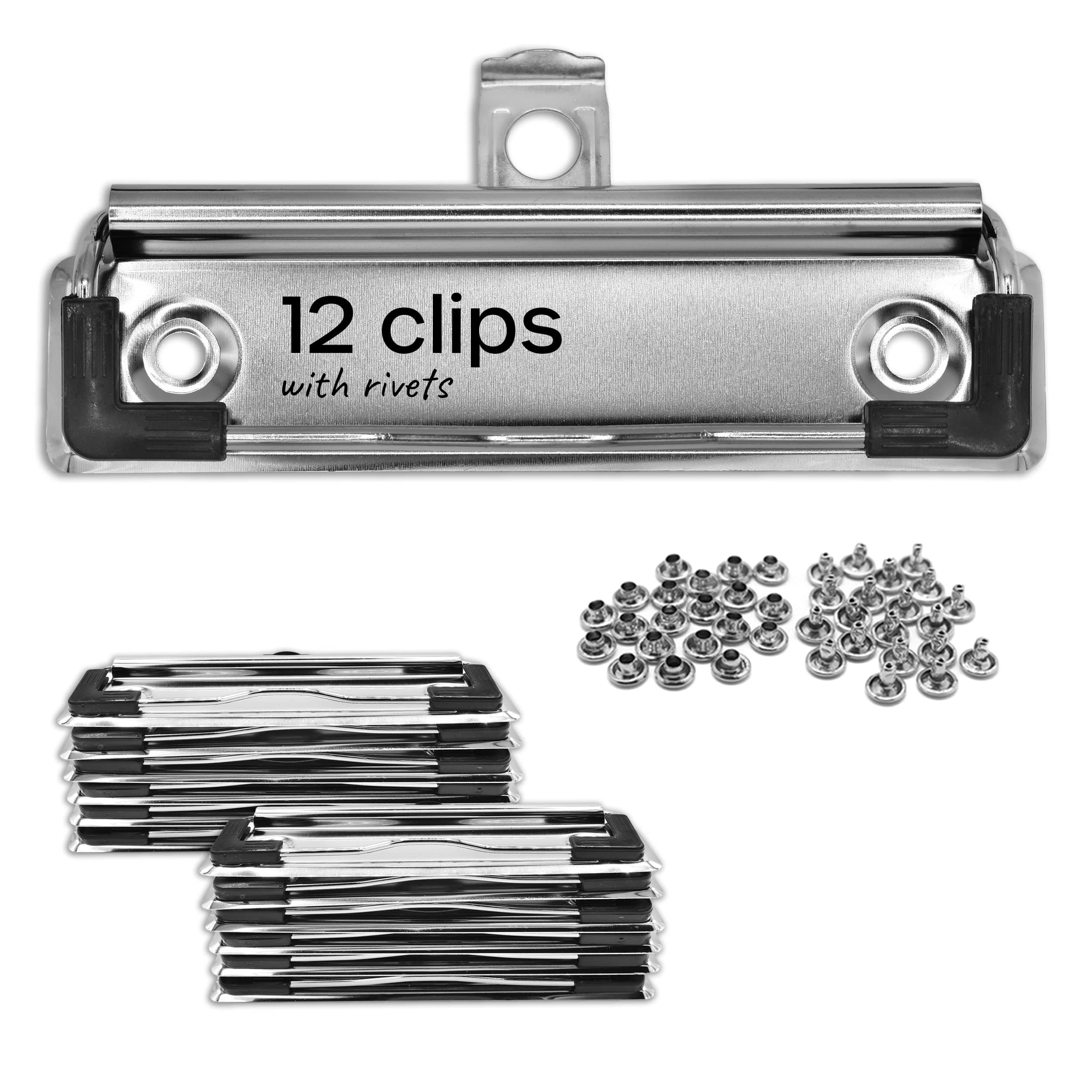 Volila 12-Pack Metal Spring-Loaded Clipboard Clips with Retractable Hole and Rubber Edge