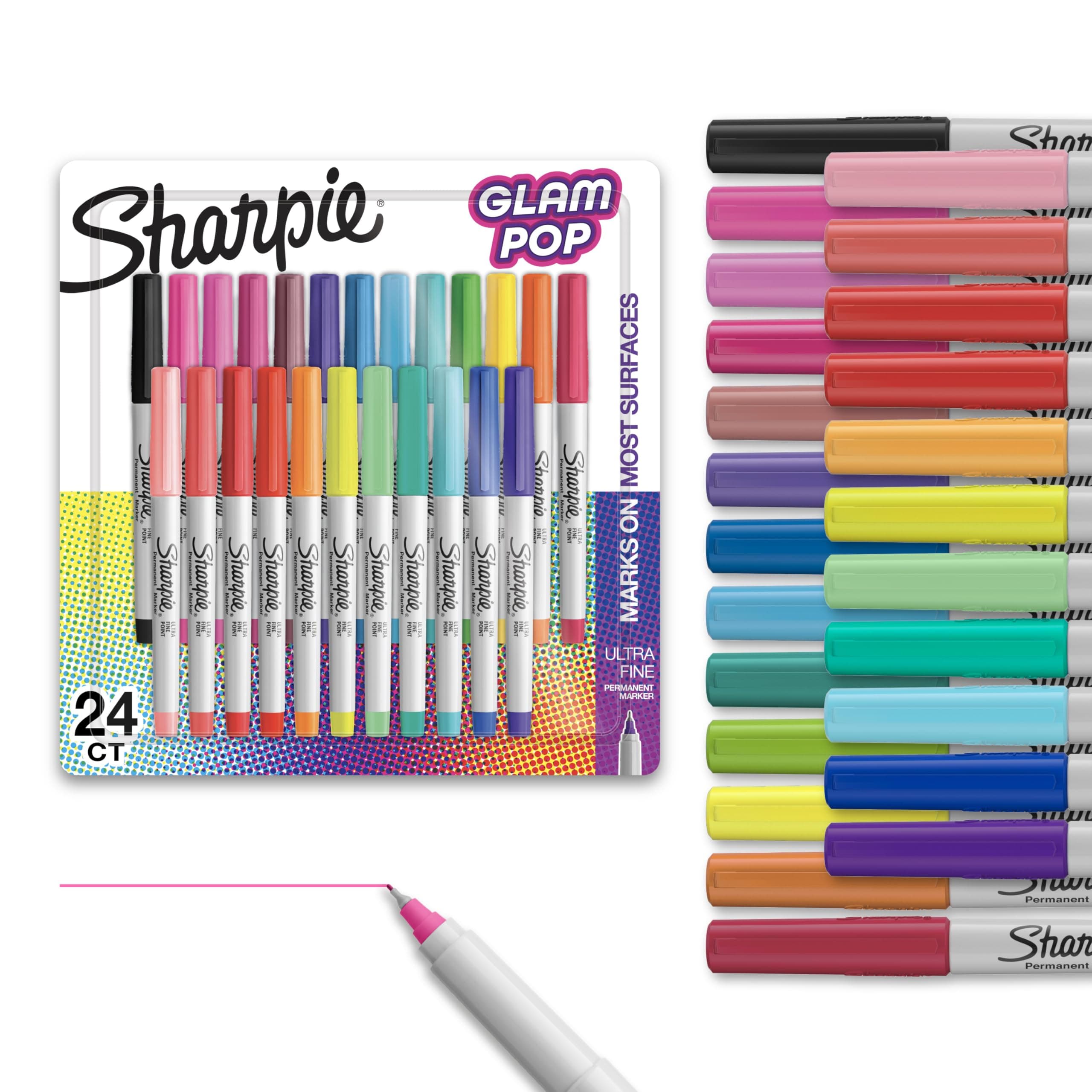 Sharpie Glam Pop Permanent Markers, Ultra Fine Tip Marker Set, Coloring Markers, Art Markers, Drawing Markers, Writing Markers, Resilient Ink, Assorted Colors, 24 Count