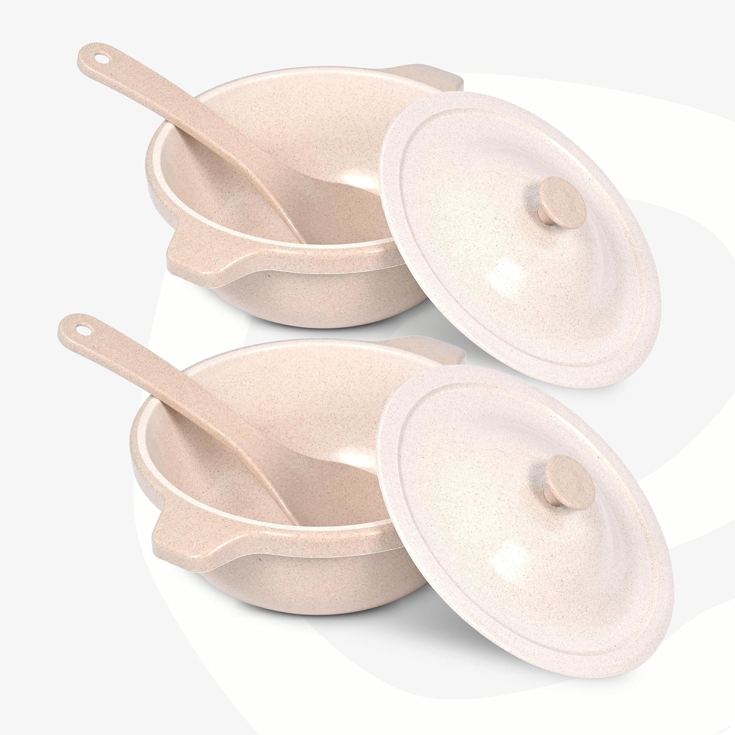 Eha Earth Friendly Serving Bowls with Lid | Microwave Safe | Made with Rice Husk and Bamboo Fibers | 1250 Ml Each | Set of 2 | Sand Castle, Beige