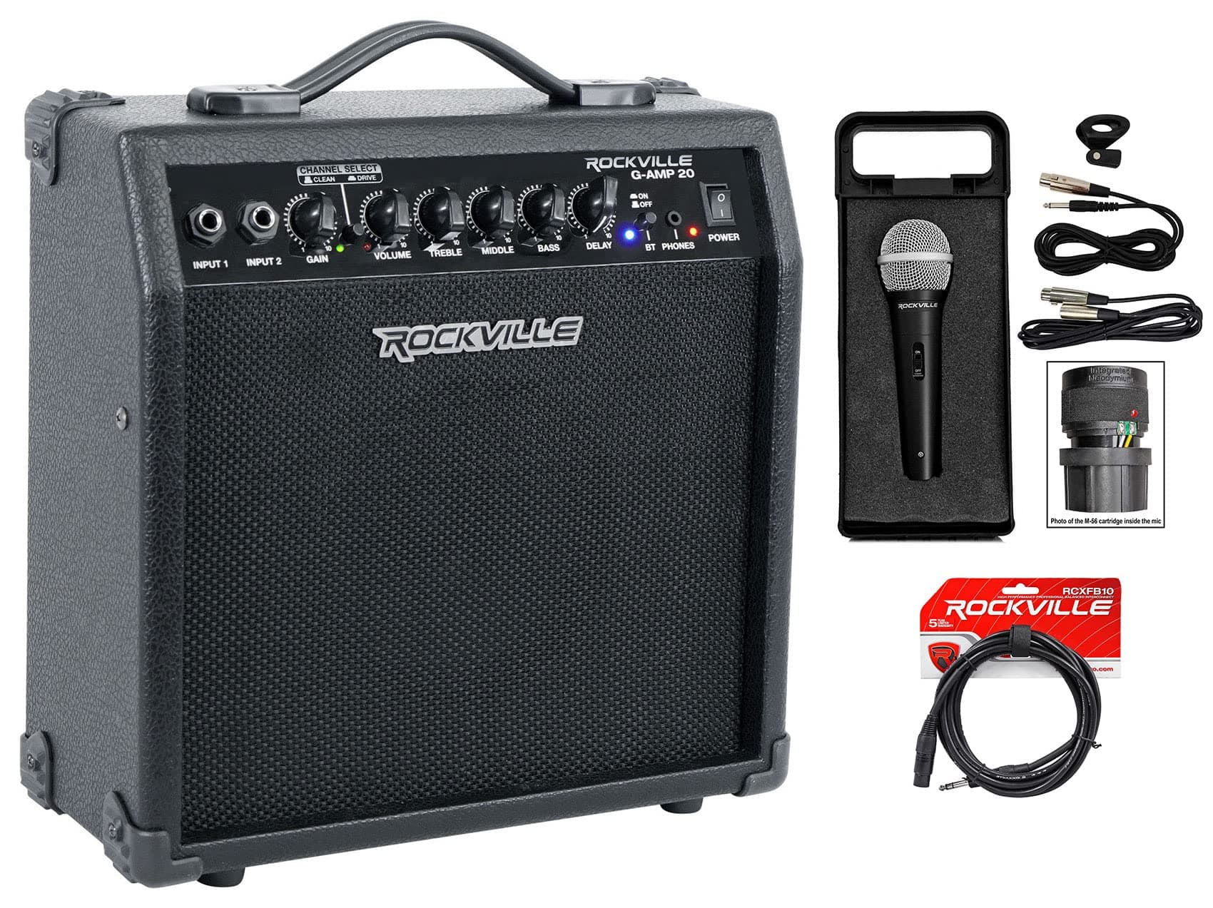Rockville G-AMP Bundle: G-AMP 20-Watt Guitar Combo Amplifier Dual Inputs, Bluetooth, Delay, RMC-XLR High-End Wired Microphone with Cables, RCXFB10B 10ft XLR to 1/4 TRS Cable, 3-Items