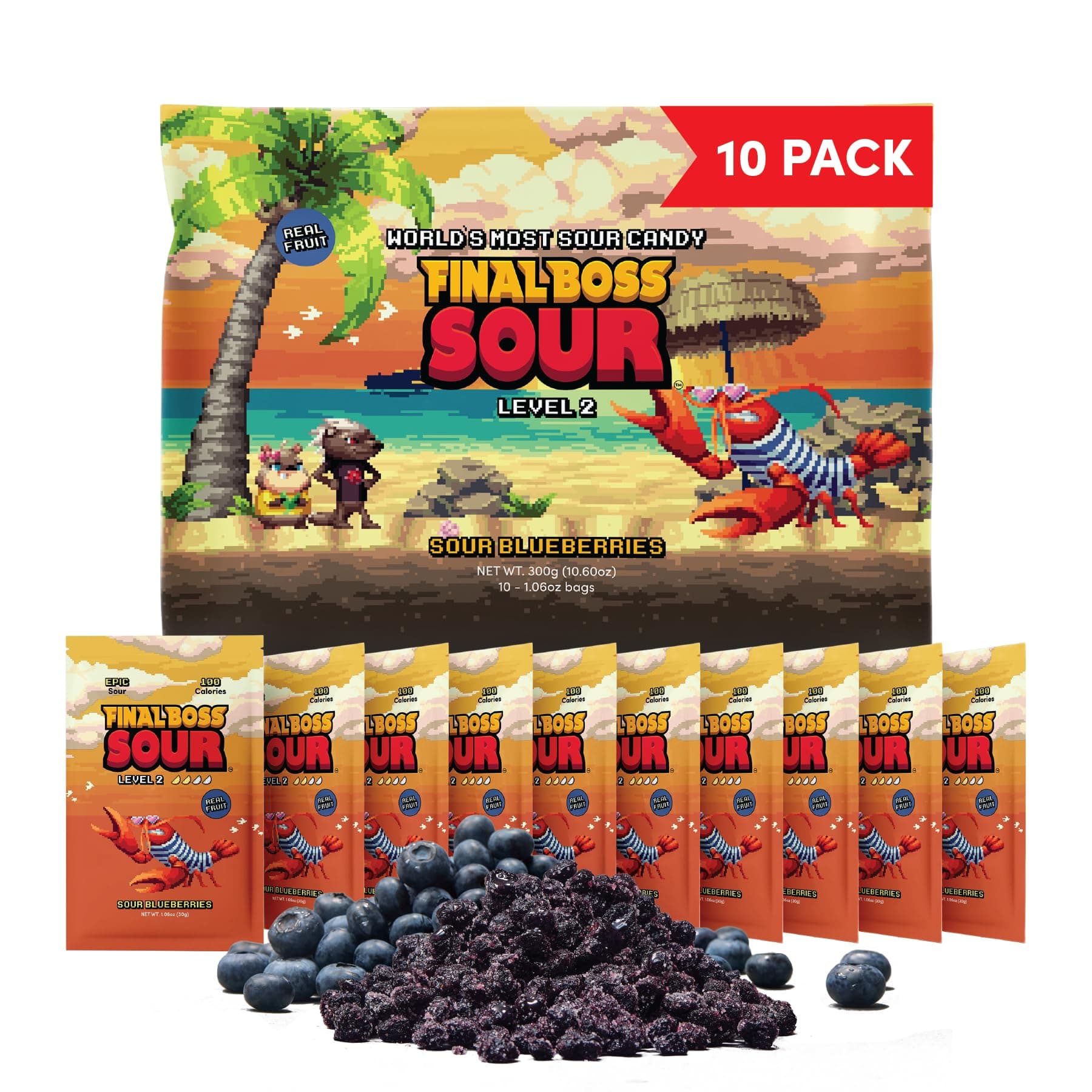 Sour Candy, Sour Blueberries, 10 Pack, Level 2, Fruit Chews with Real Dried Fruit, No Artificial Colors or Flavors, Low Calorie Snack for Kids, Teens, Adults, Lunch Boxes