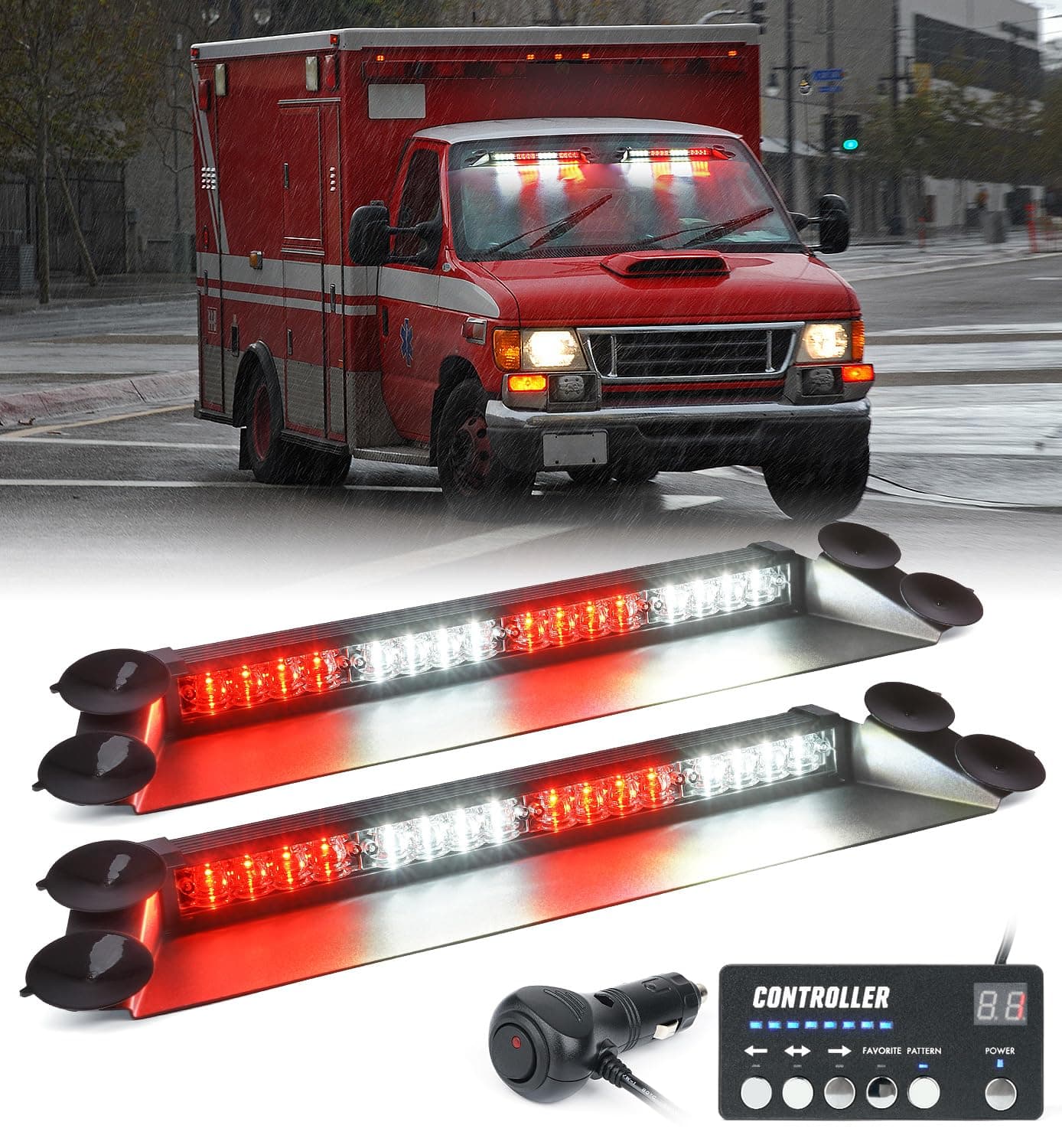 LUMENIX LED Emergency Dash Strobe Lights Bar w/Controller Windshield Visor Safety Warning Traffic Caution Lightbar Deck Split Flashing Light for Firefighter First Responder Vehicles Trucks- White Red