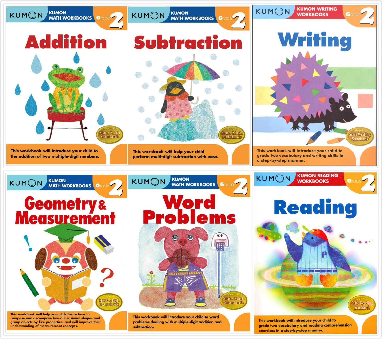 Kumon Grade 2 Complete Set (6 Workbooks) - Addition, Subtraction, Geometry&Measurement, Word Problems, Reading, Writing