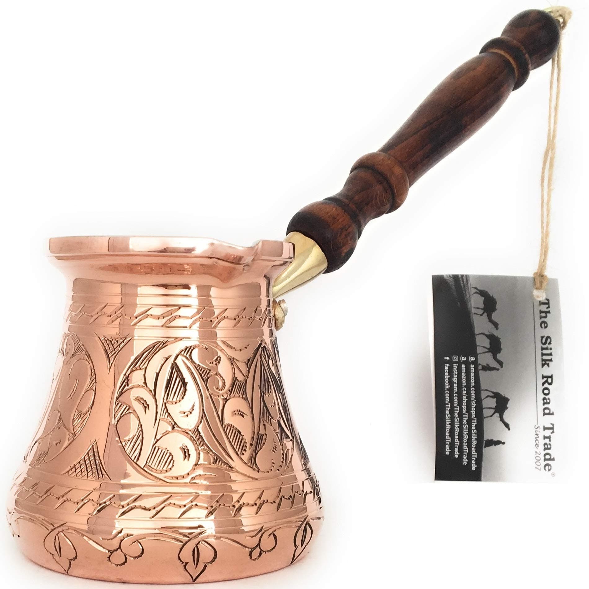 PC Series (Large - 14 fl oz) - Thickest Solid Copper Engraved Turkish Greek Arabic Coffee Pot Wooden Handle Heavy Duty, Stovetop Coffee Maker, Jazzve, Cezve, Ibrik with Hammered Base