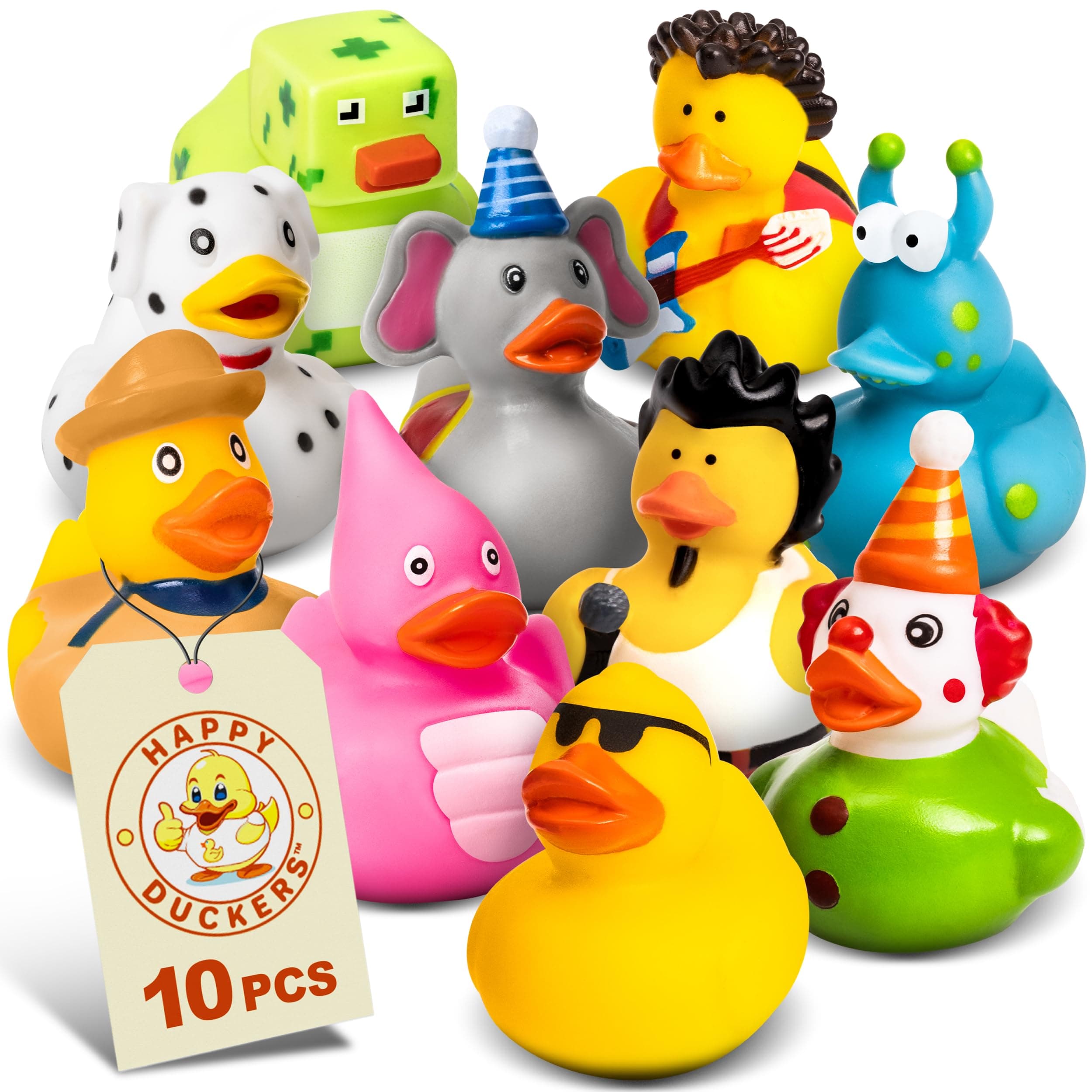 Happy Duckers Rubber Ducks - 10 Piece Bulk Pack for Bath, Pool, Party, Cruise, Jeep Ducking, Decoration & More - Small Assorted Funny Toy Duckies