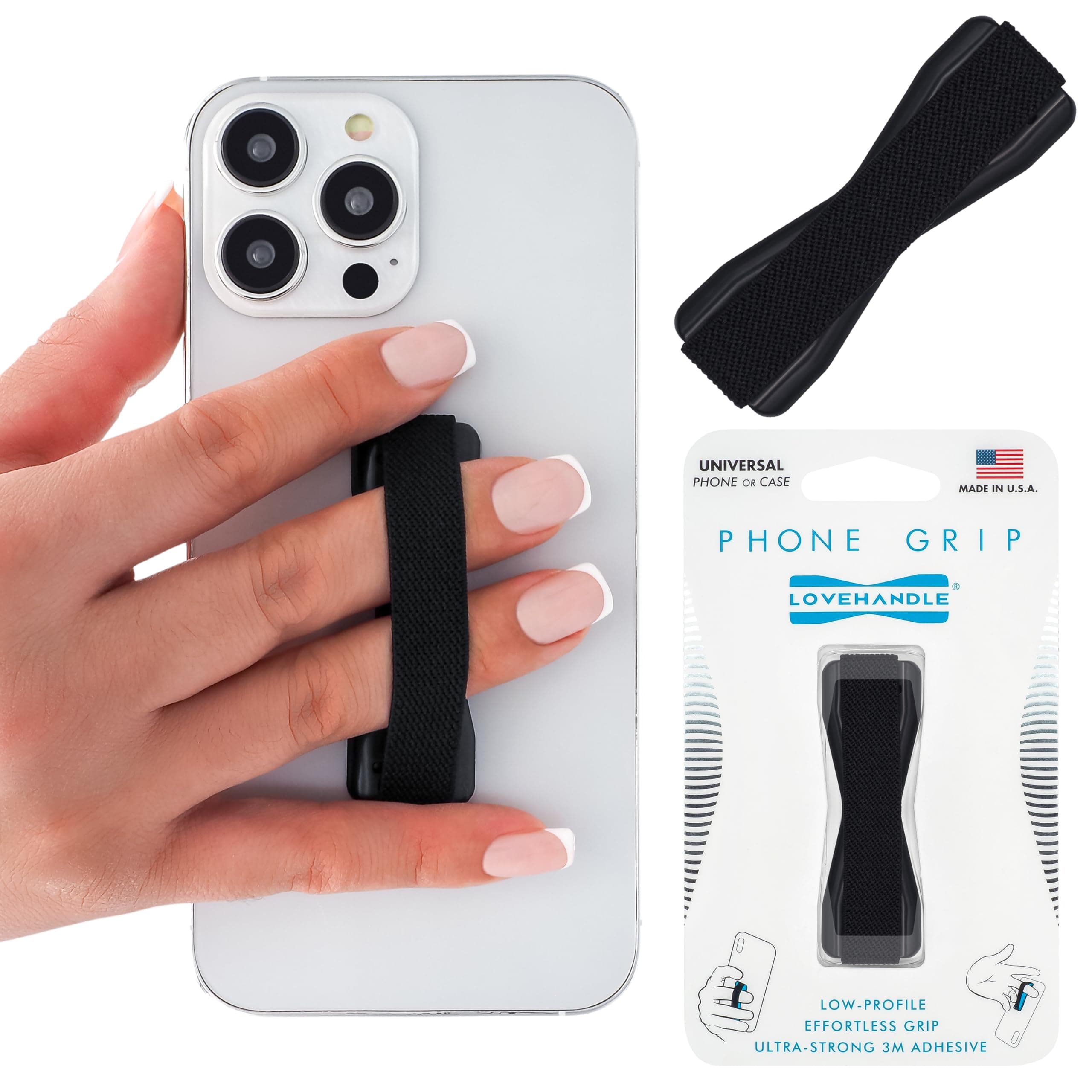LOVEHANDLE Universal Grip For Smartphone And Mini Tablet - Black Elastic Strap With Black Base