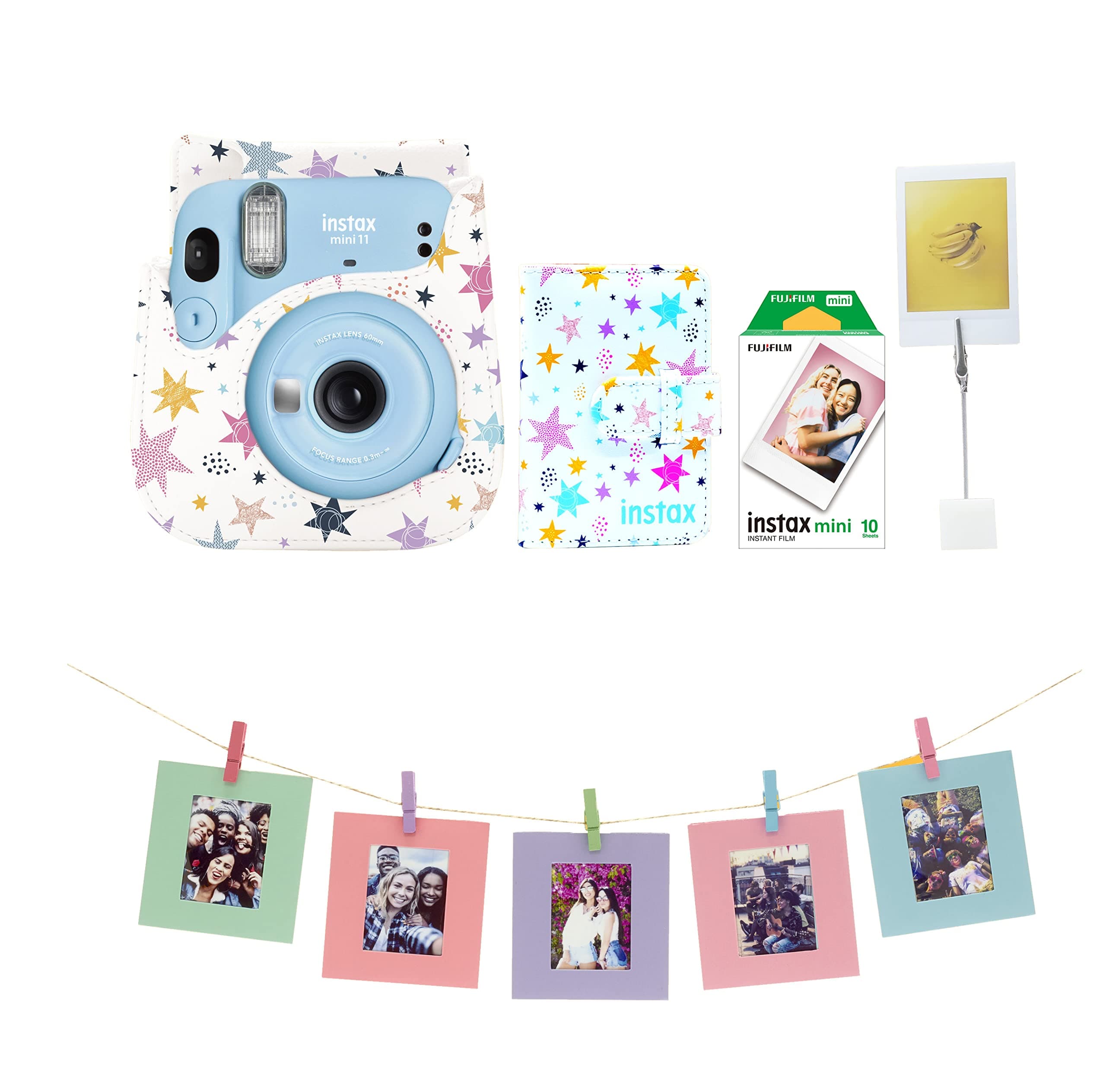 Instax Mini 11 Instant Camera Sky Blue VALUE PACK, ( 1 Mini 11, 10 Pack Film, 1 Mill 11 Case, 1 Photo Album, 1 Photo Stand, 1 Photo Pegs, 3 Wash Tape, 1 Outter Box )