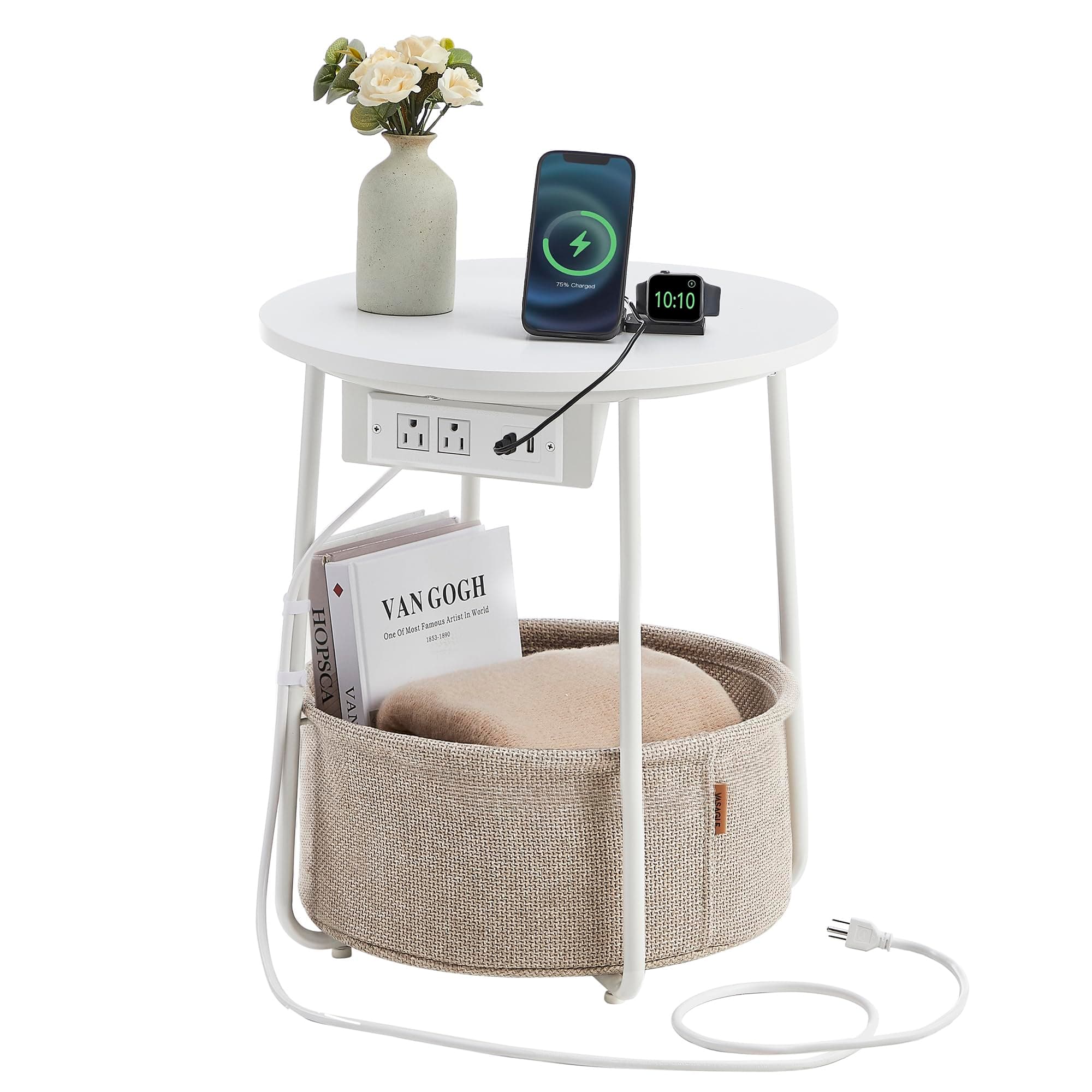 VASAGLE LILEA Collection - Side Table with Charging Station, Round End Table with Fabric Basket, Nightstand with USB Ports, for Living Room, Bedroom, Modern, Matte White and Camel Brown ULET228W01