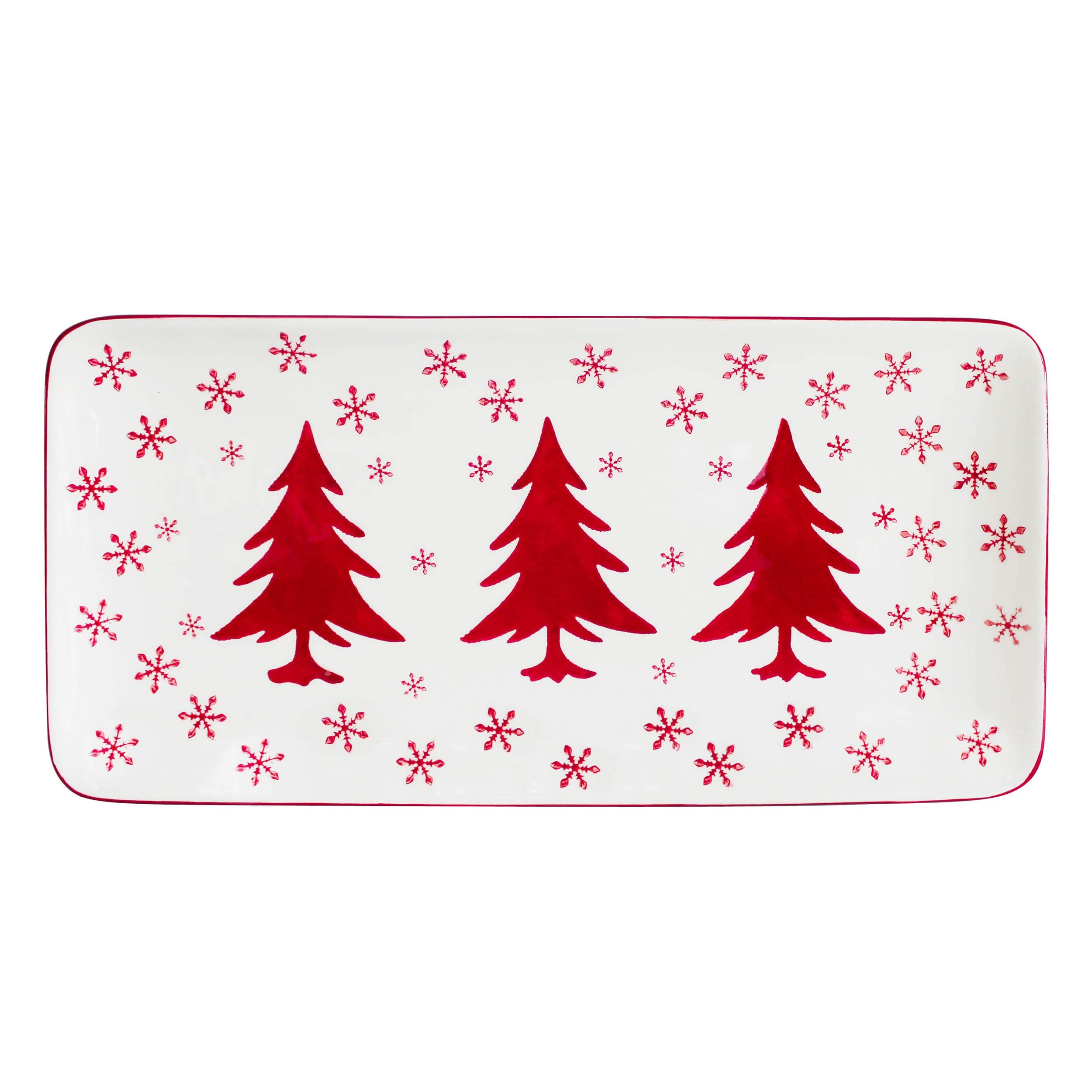 Euro Ceramica Winterfest Collection Festive 14.8" Ceramic Rectangular Serving Platter, Hand-Stamped Holiday Design, Red & White