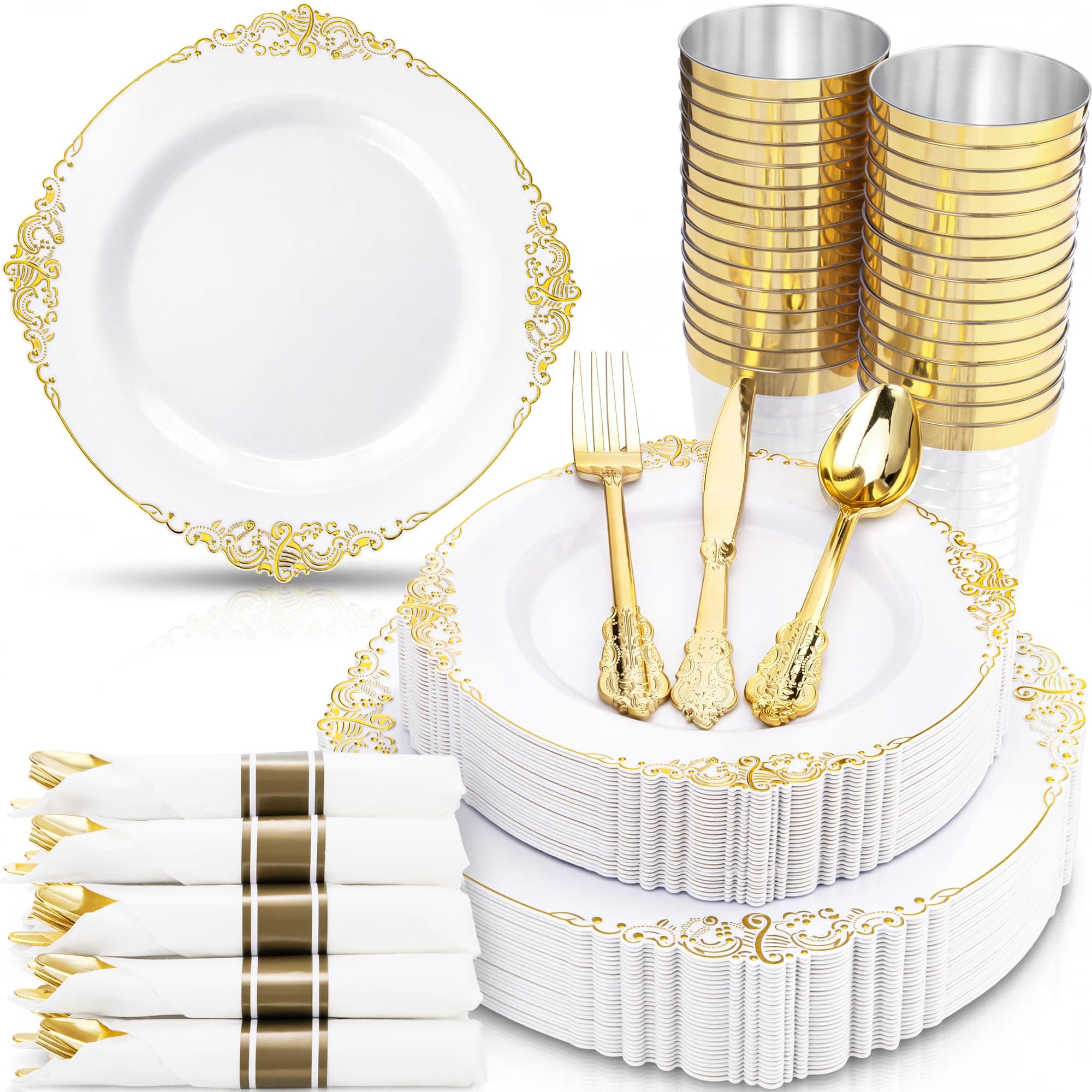 Nervure 350PCS Gold Plastic Plates - Gold Plastic Dinnerware Sets for 50 Guests - 100 Disposable Plates, 150 Silverware, 50 Cups, 50 Napkins for Wedding & Party & Mother's Day