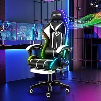 HOFFREE RGB Gaming Chair with Speakers Massage Computer Gaming Chair with LED Lights and Footrest High Back Video Game Chair for Adults White and Black