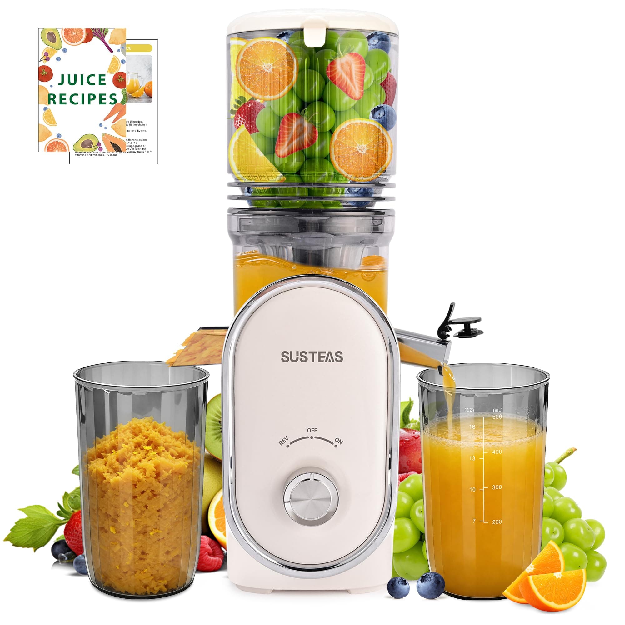 SUSTEAS Cold Press Juicer, 5.3" Feed Chute Slow Masticating Machines with 300W, Fit Whole Fruits & Vegetables, High Juice Yield, Easy to Clean, White