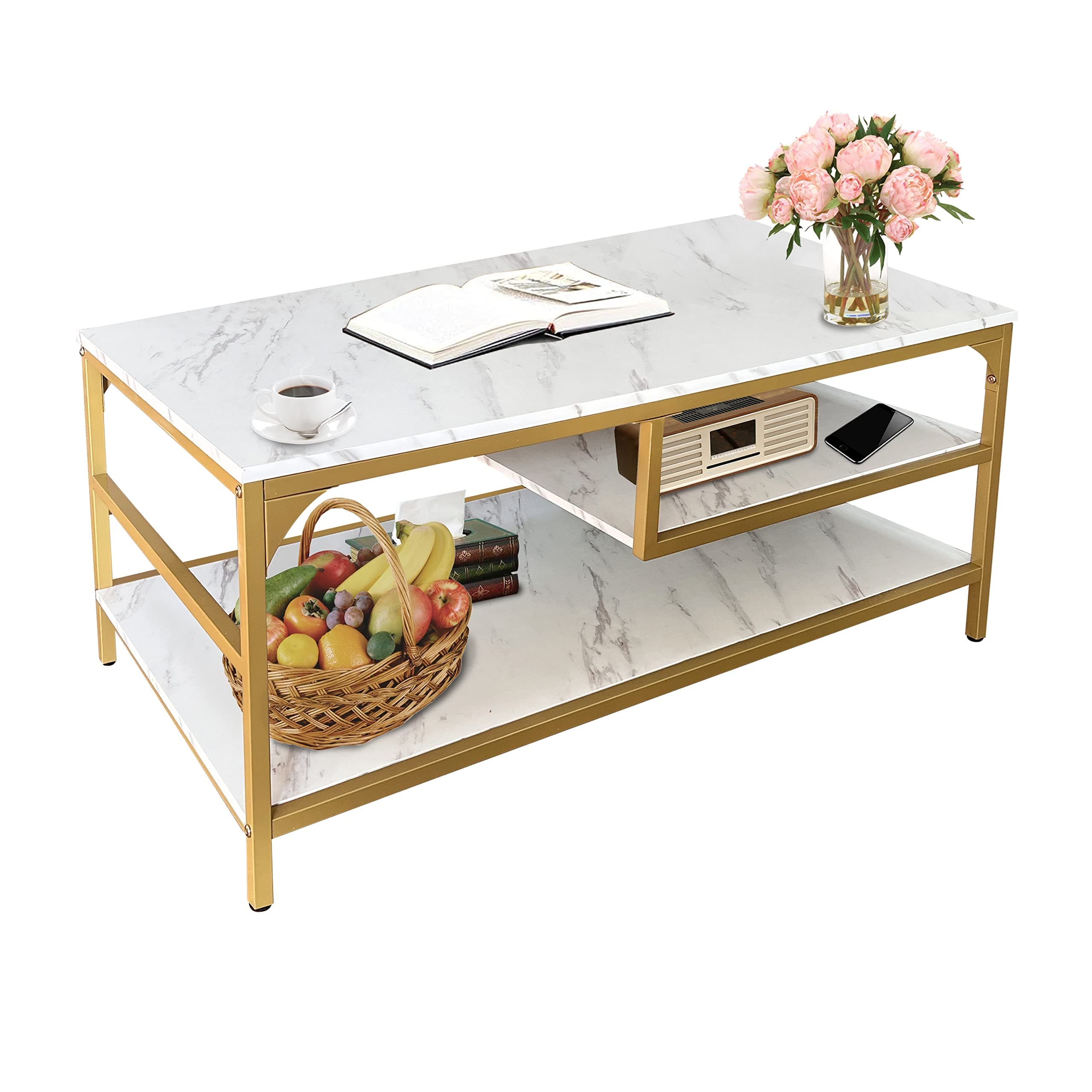 AT-VALY Industrial Rectangle Coffee Table 3-Tier Storage Shelf for Living Room Particle Board and Metal Frame 43.3 inch (Gold&White)