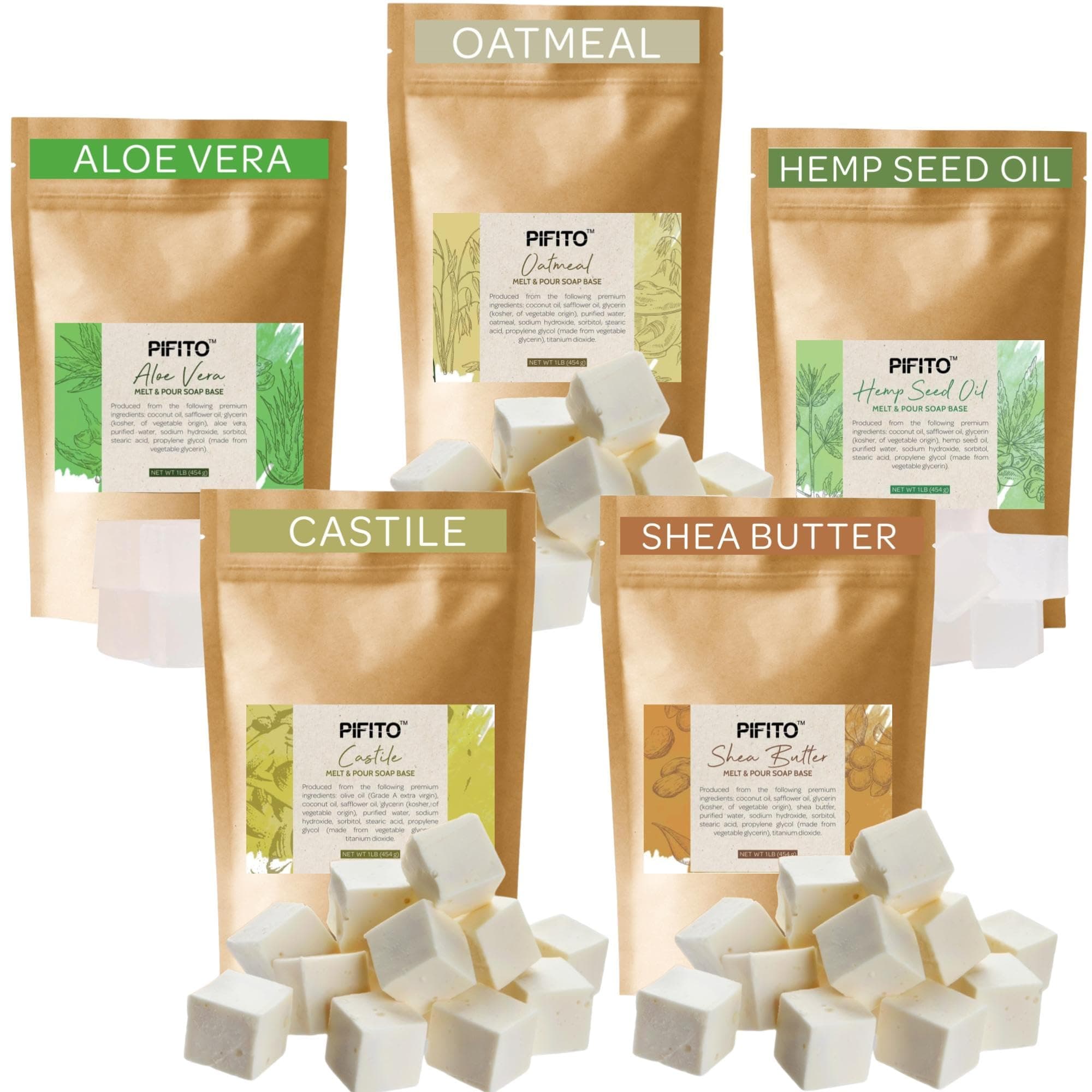 Pre-Cut Melt and Pour Soap Base Sampler (5 lbs) │ Cut-Up Pieces of Soap Base (1lb ea) │ Shea Butter, Oatmeal, Aloe Vera, Hemp Seed Oil Style, Castile │ Glycerin Soap Making Supplies Kit