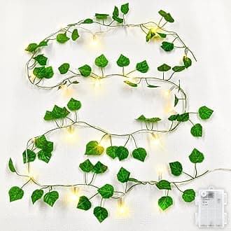 Ivy Battery Fairy Lights, 2M 20LED Warm White Battery Operated Vine Fairy Lights with 6h Timer, IP65 Waterproof Artificial Ivy Leaf Garland with String Lights for Garden,Wedding,Home Wall Decor