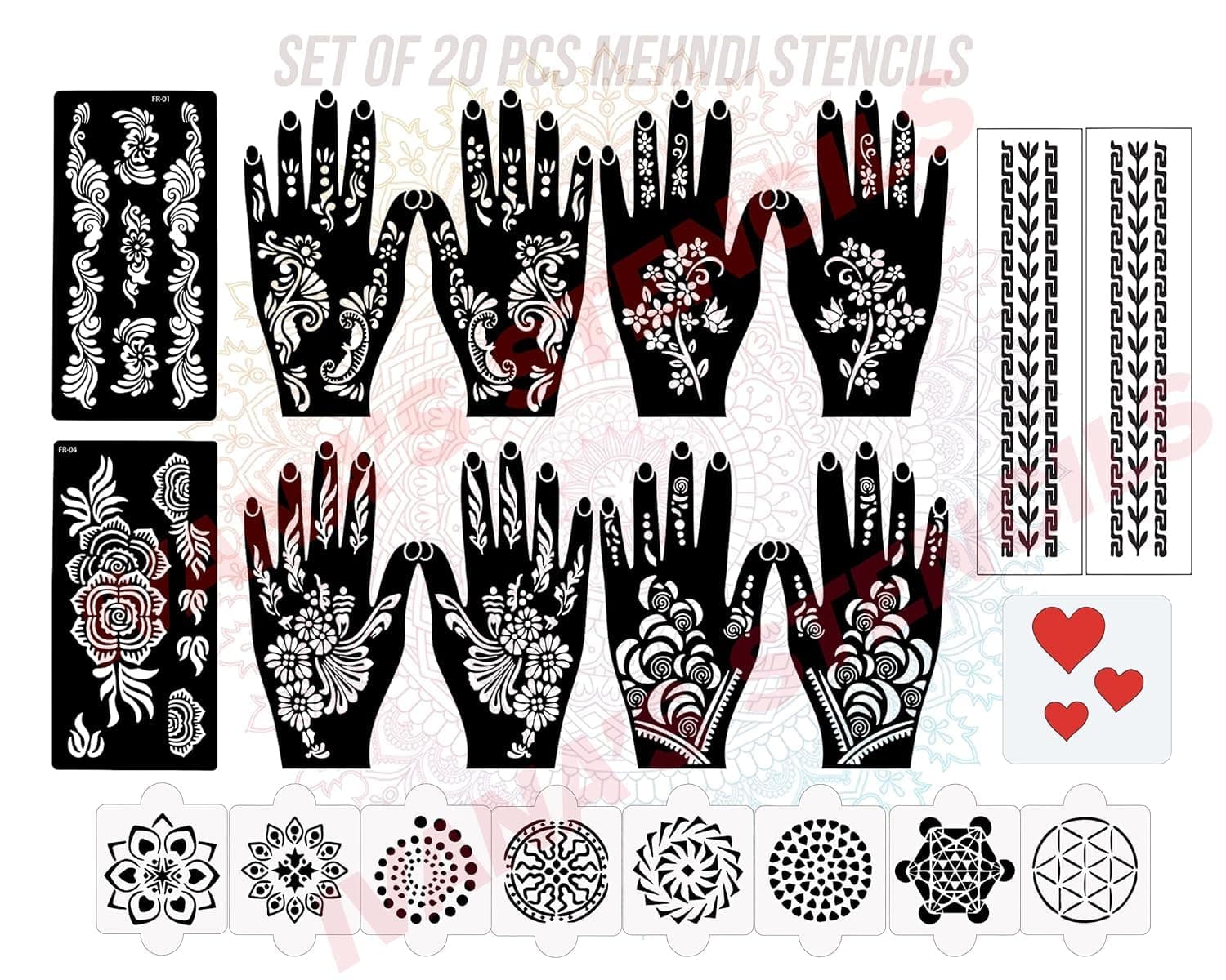 Ivana's Set of 20 Pcs Combo Pack, Reusable Mehandi for Hands Henna Tattoo Stencil for Women, Girls and Kids Easy to Use in Just 4 Steps Indian Design Collection, D-2025
