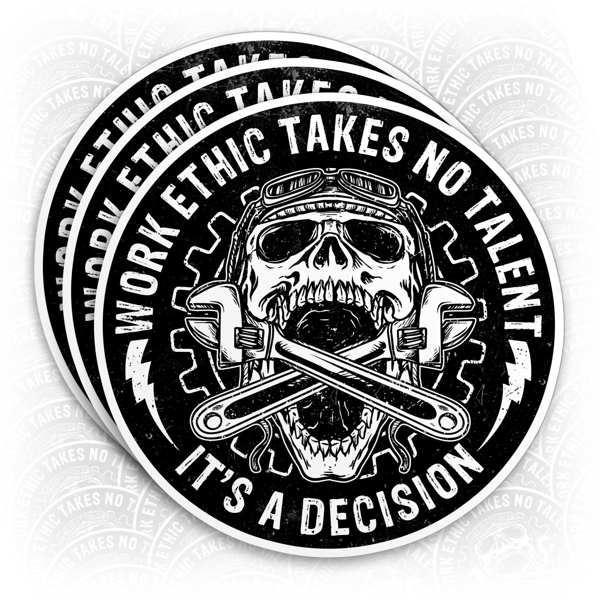 (3Pcs) Work Ethic Takes No Talent It's A Decision Sticker Skull Working Class Work Ethic Blue Collar Labor Day 2" Waterproof Vinyl Sticker for Laptop Hard Hat Helmet Gift for Him Adults 2 Inches