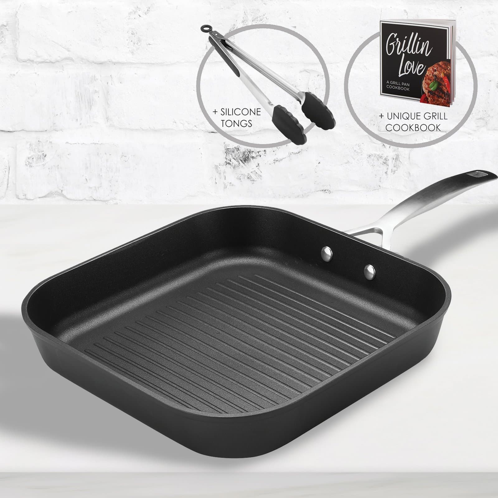 11" Square Grill Pan – Oven Safe, Double Layer Non Stick Coating – Aluminum Skillet with Induction Plate - Bonus Tongs and Cookbook - by HomEquip